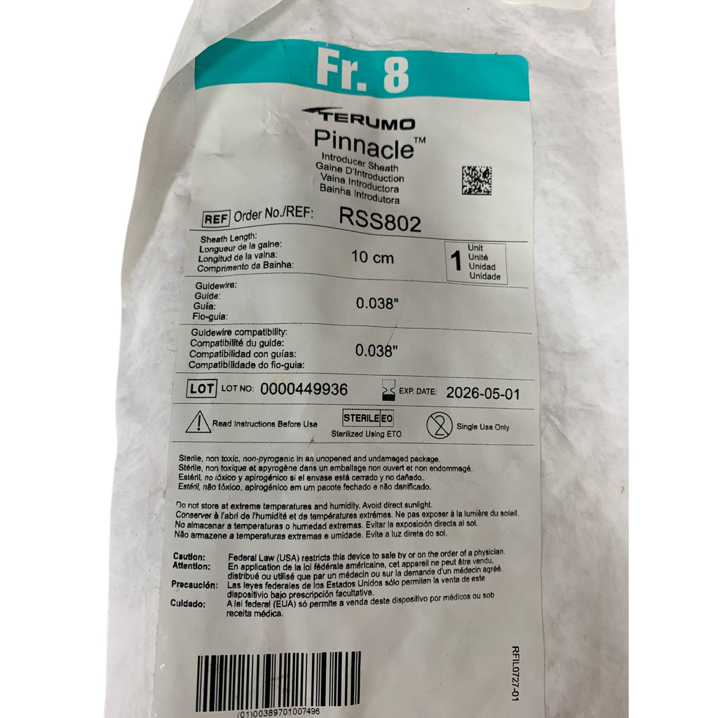 TERUMO REF RSS802 Pinnacle Introducer Sheath 8 Fr 10 cm 0.038" Guidewire, Exp.2026/05