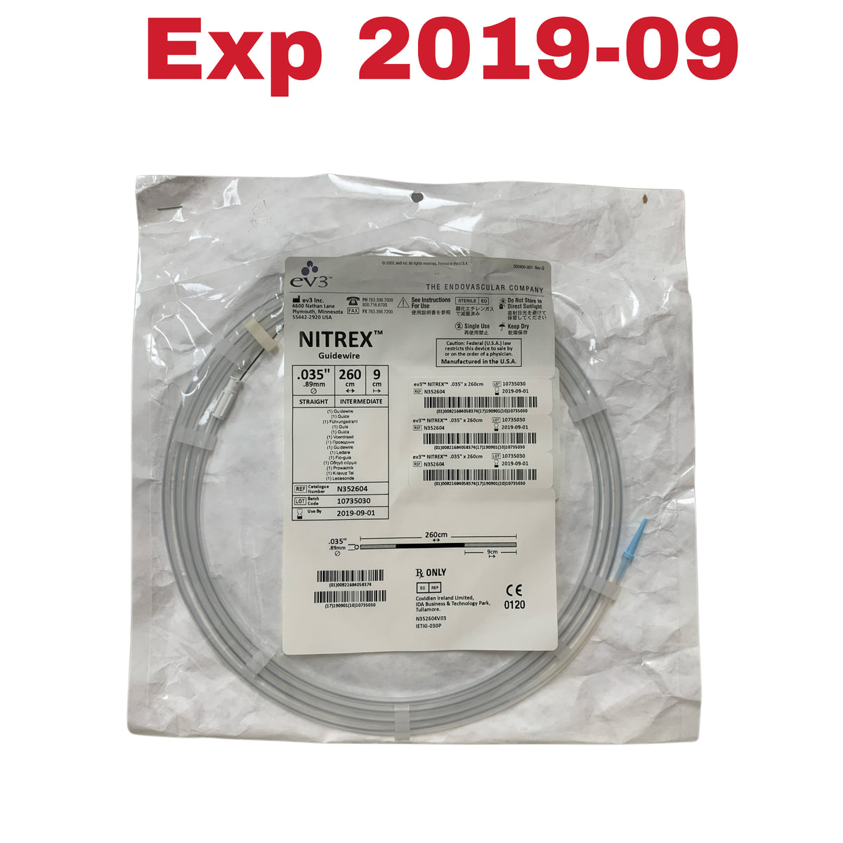 EV3 COVIDIEN N352604 Nitrex Straight Intermediate Guidewire .035" x 260 cm Exp 2019 09