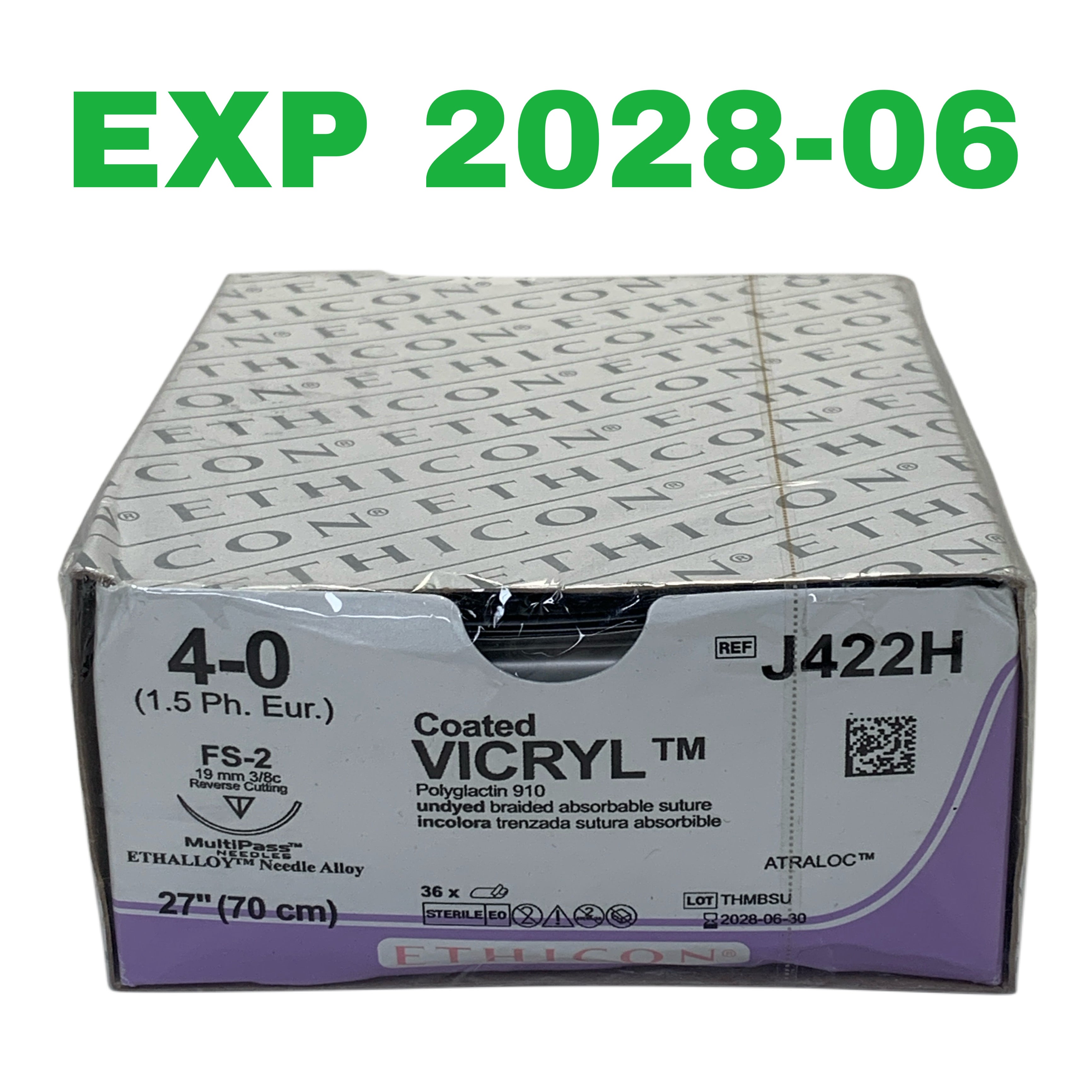 ETHICON REF J422H Coated VICRYL Polyglactin 910 Suture 4-0 FS-2 Needle 27" 70cm BOX OF 36, EXP.2028/06