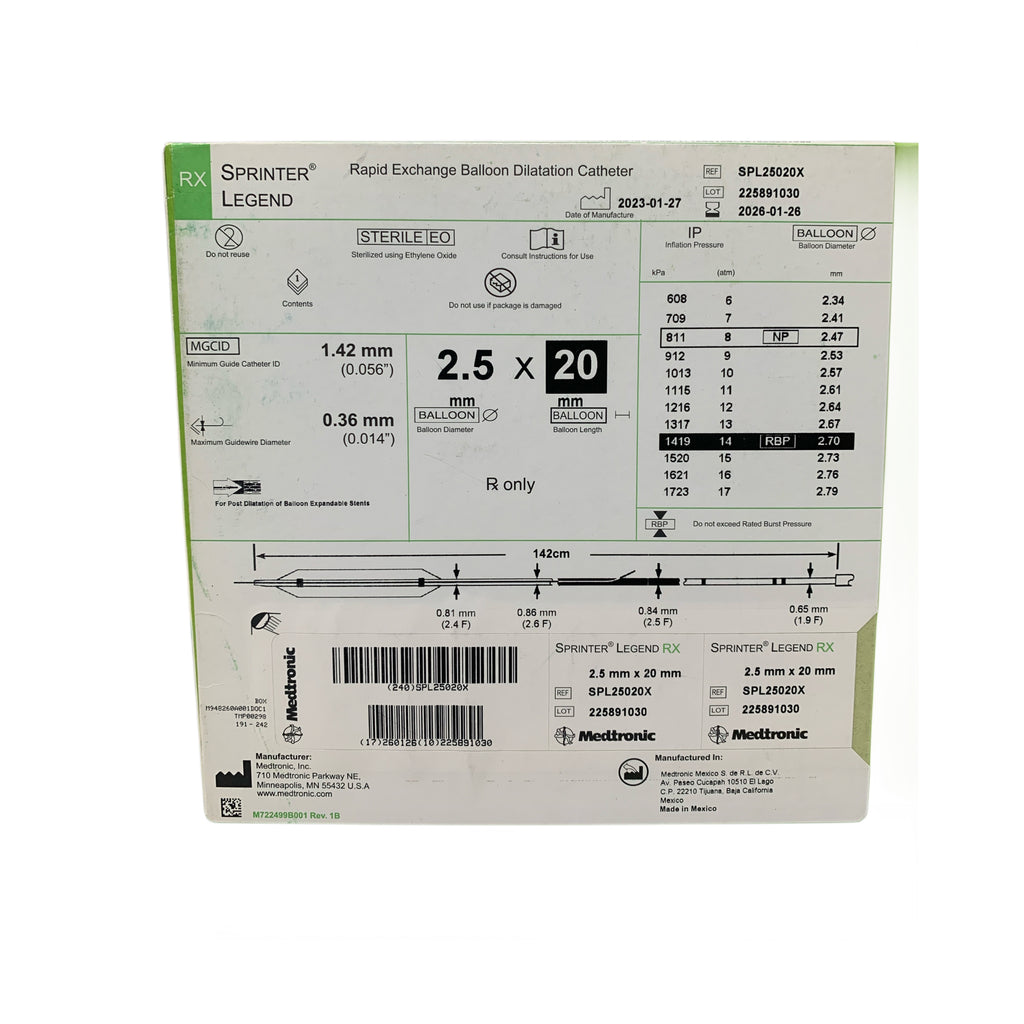 MEDTRONIC SPL25020X Sprinter Legend RX Rapid Exchange Balloon Dilatation Catheter 2.5 mm x 20 mm 142 cm Exp 2026 01
