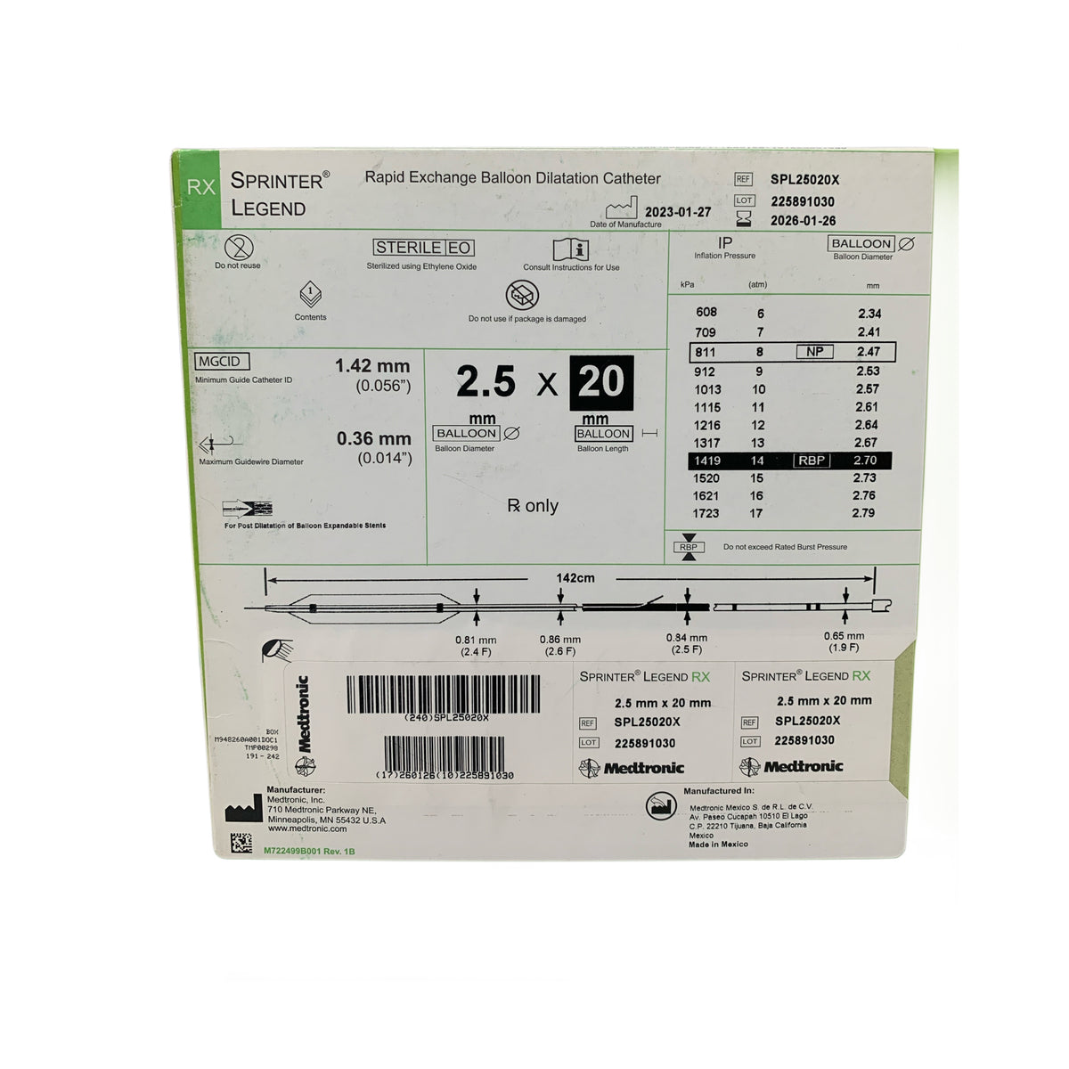MEDTRONIC SPL25020X Sprinter Legend RX Rapid Exchange Balloon Dilatation Catheter 2.5 mm x 20 mm 142 cm Exp 2026 01