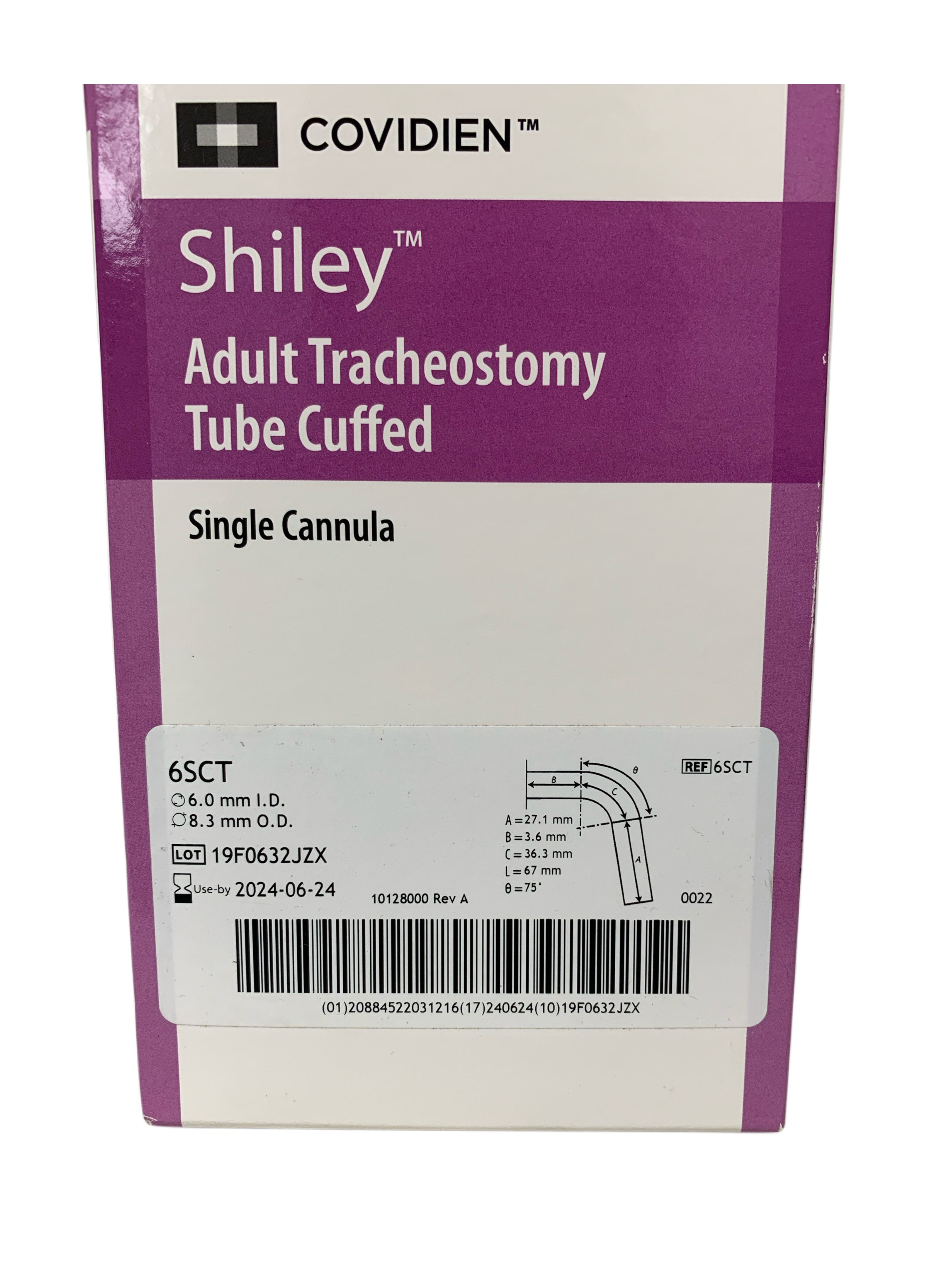 COVIDIEN REF 6SCT Shiley Adult Tracheostomy Tube Cuffed Single Cannula 6.0mm I.D. Exp.2024/06
