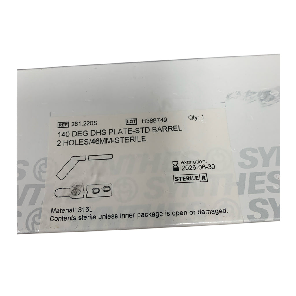 SYNTHES 281.220S 140 Deg DHS Plate Std Barrel 2 Holes 46mm Sterile Exp 2026 06