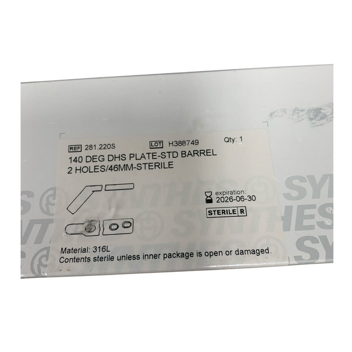 SYNTHES 281.220S 140 Deg DHS Plate Std Barrel 2 Holes 46mm Sterile Exp 2026 06