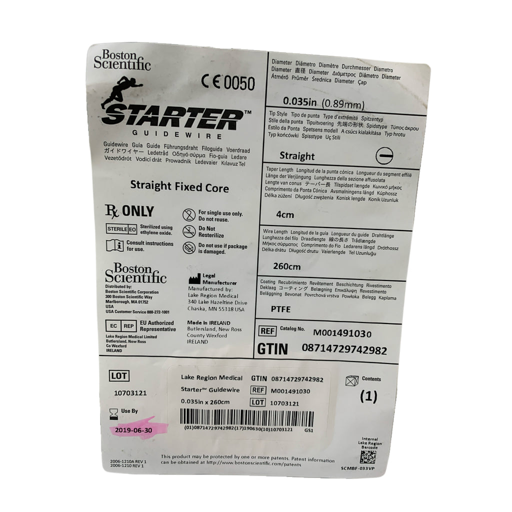 BOSTON SCIENTIFIC REF M001491030 Starter Guidewire 0.035in (0.89mm) 260cm Straight Fixed Core, Exp.2019/06