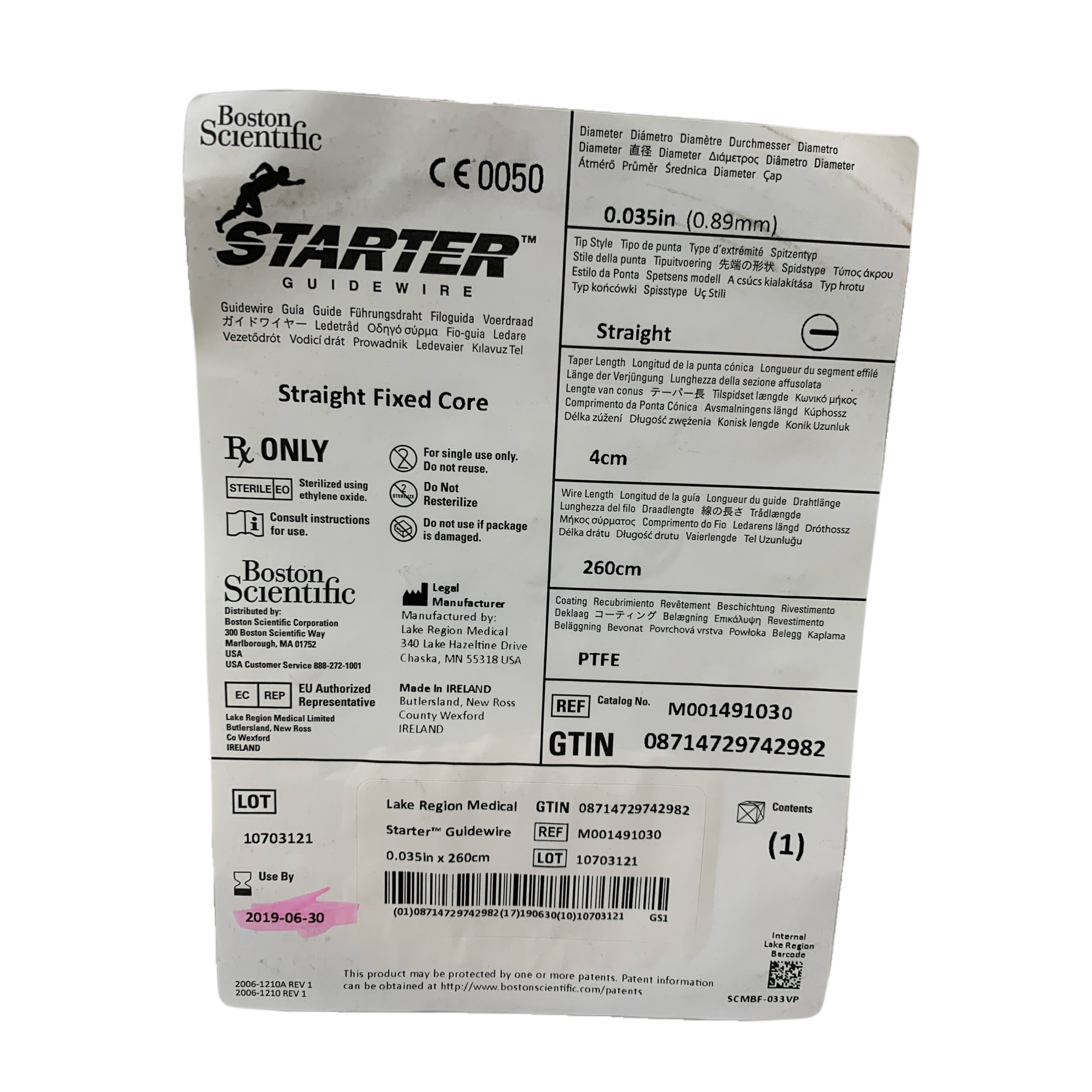 BOSTON SCIENTIFIC REF M001491030 Starter Guidewire 0.035in (0.89mm) 260cm Straight Fixed Core, Exp.2019/06