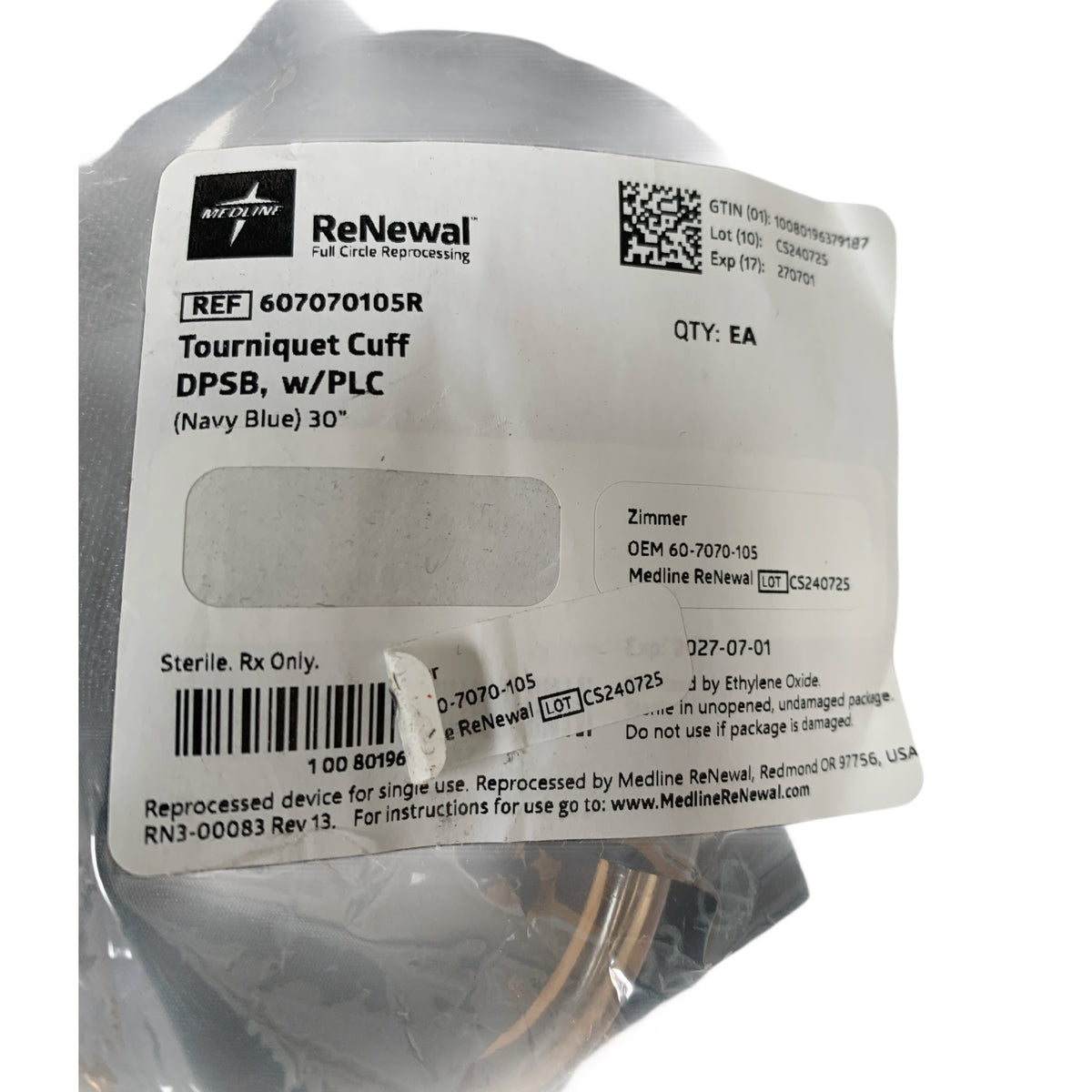ZIMMER Medline 607070105R ReNewal Tourniquet Cuff DPSB w PLC Navy Blue 30 (Reprocessed) Exp 2027 07