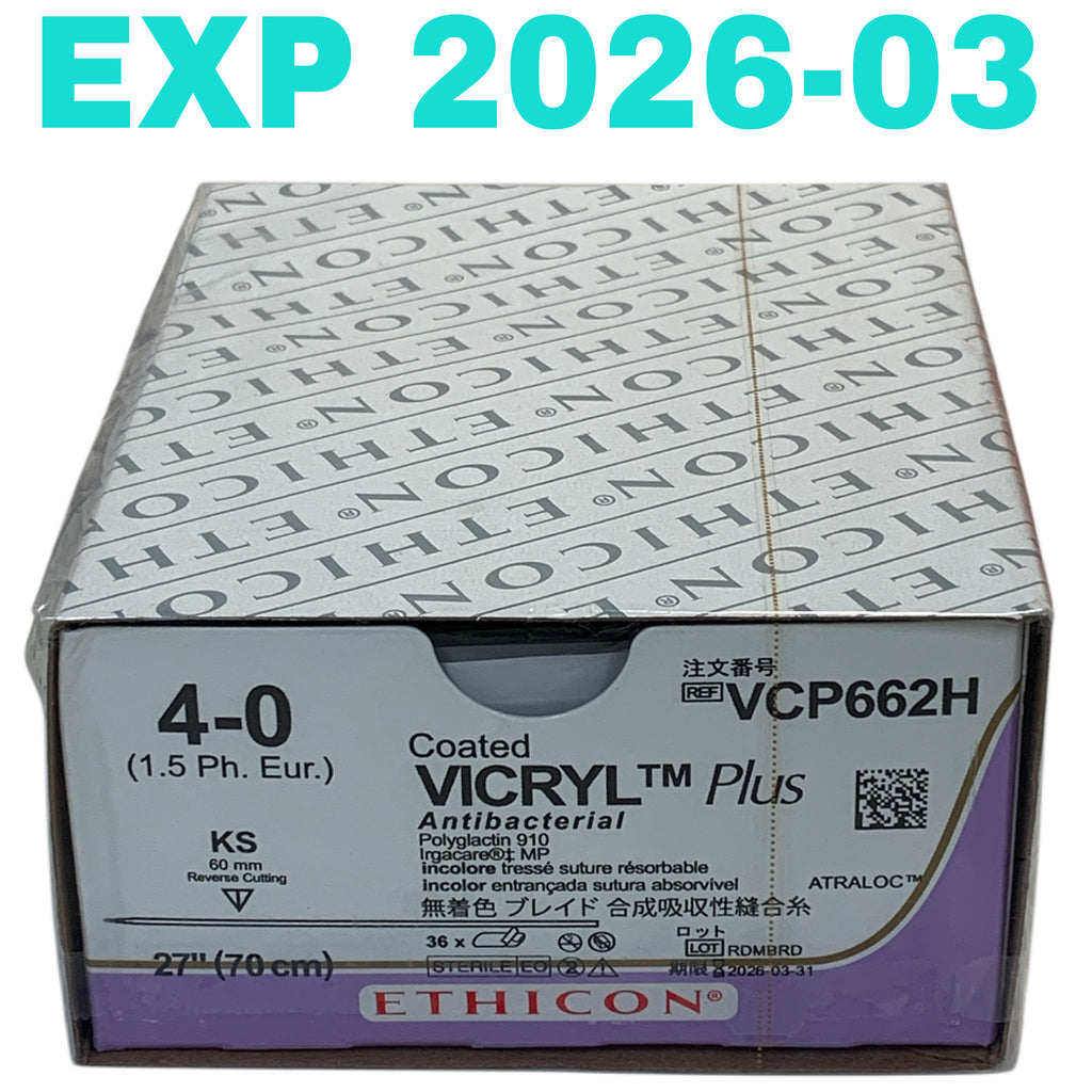 ETHICON REF VCP662H Coated Vicryl Plus Antibacterial 4-0 Suture, KS Needle, 27" (70cm) - Box of 36 Exp.2026/03