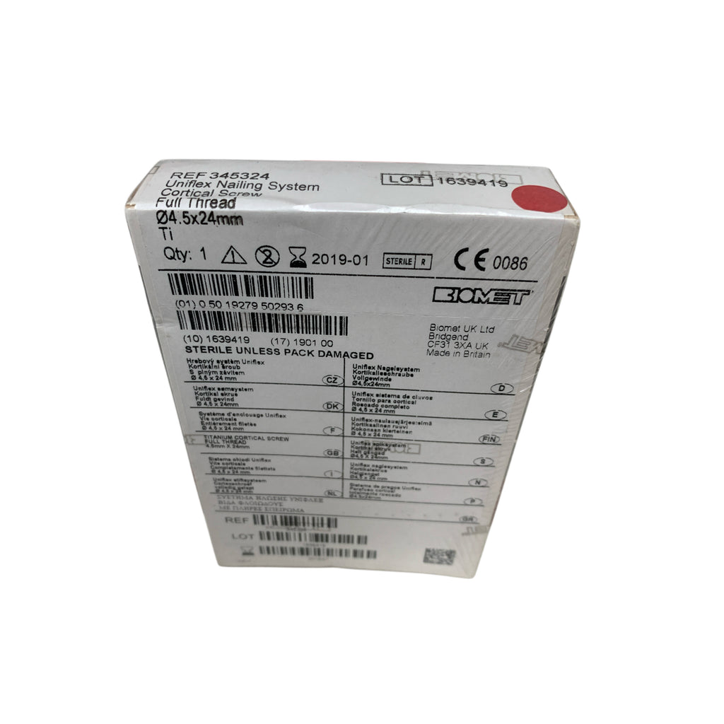 BIOMET REF 345324 Uniflex Nailing System Cortical Screw Full Thread Titanium 4.5x24mm Exp 2019 01