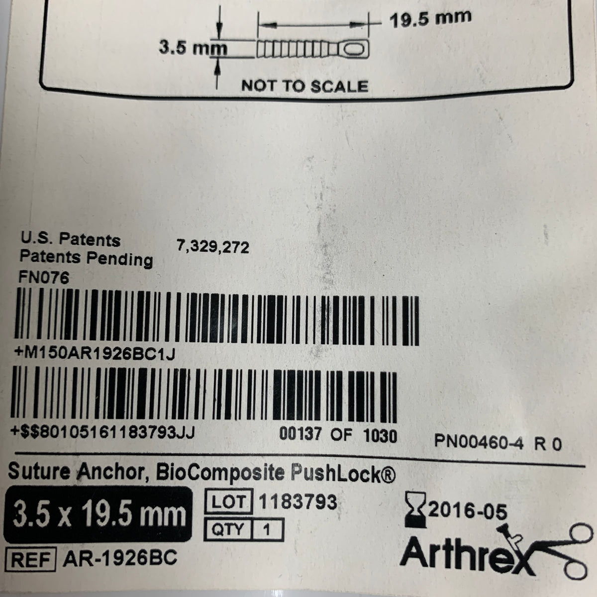 ARTHREX AR-1926BC BioComposite PushLock Suture Anchor 3.5 x 19.5mm, EXP 2016-05