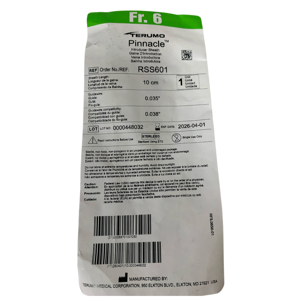 TERUMO RSS601 Pinnacle Introducer Sheath 6 Fr 10 cm 0.035in EXP 2026 04