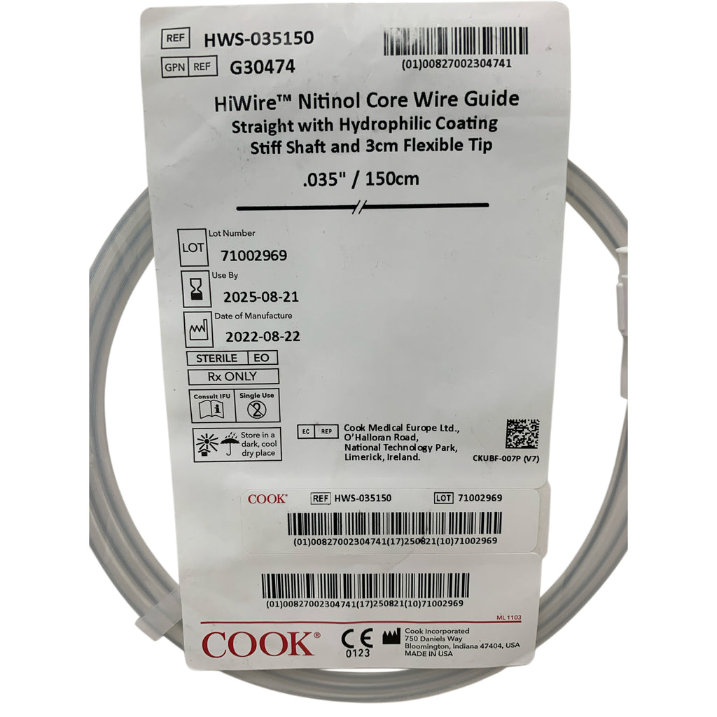 COOK REF HWS-035150 HiWire Nitinol Core Wire Guide Straight with Hydrophilic Coating Stiff Shaft and 3cm Flexible Tip .035" / 150cm Exp 2025 08