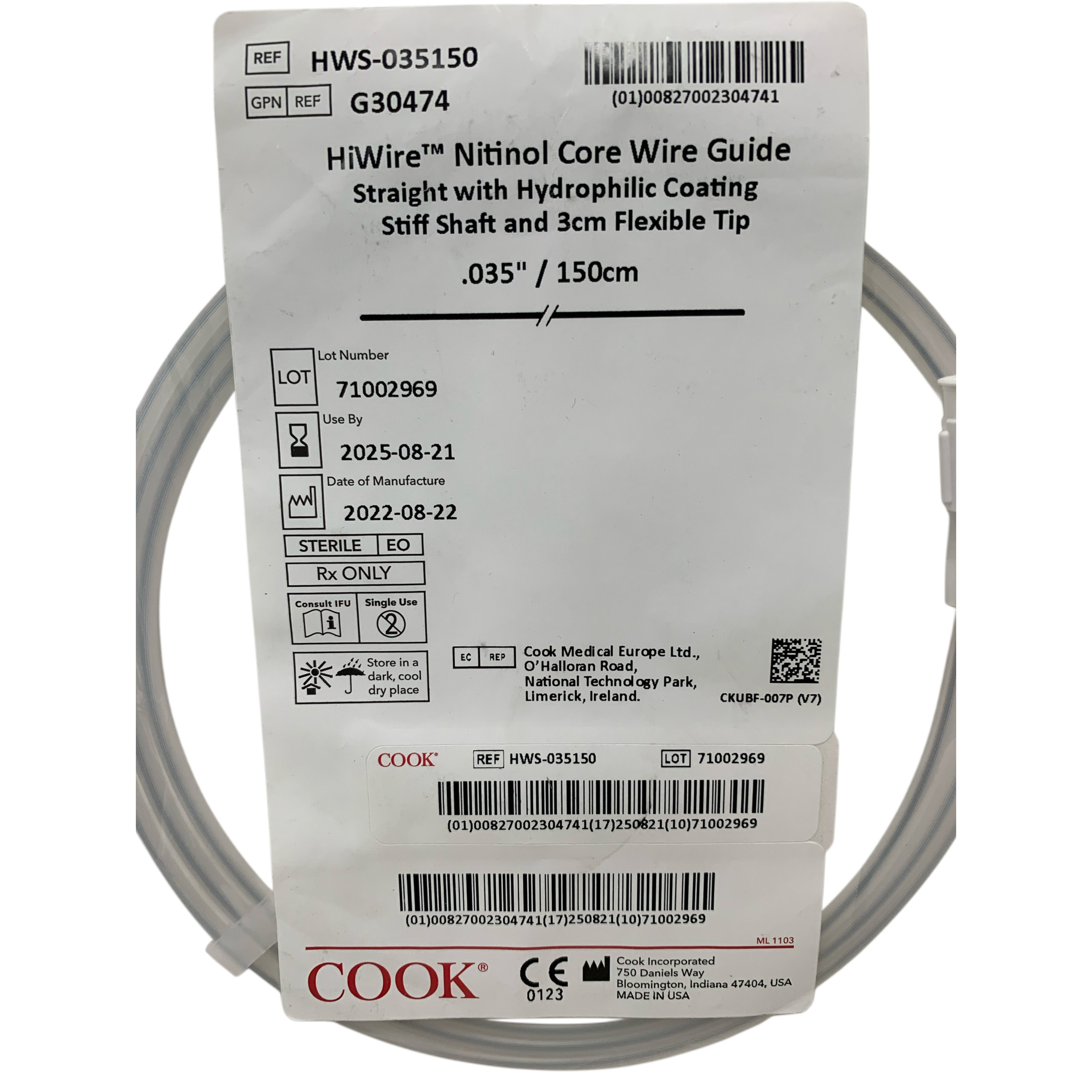 COOK REF HWS-035150 HiWire Nitinol Core Wire Guide Straight with Hydrophilic Coating Stiff Shaft and 3cm Flexible Tip .035" / 150cm Exp 2025 08
