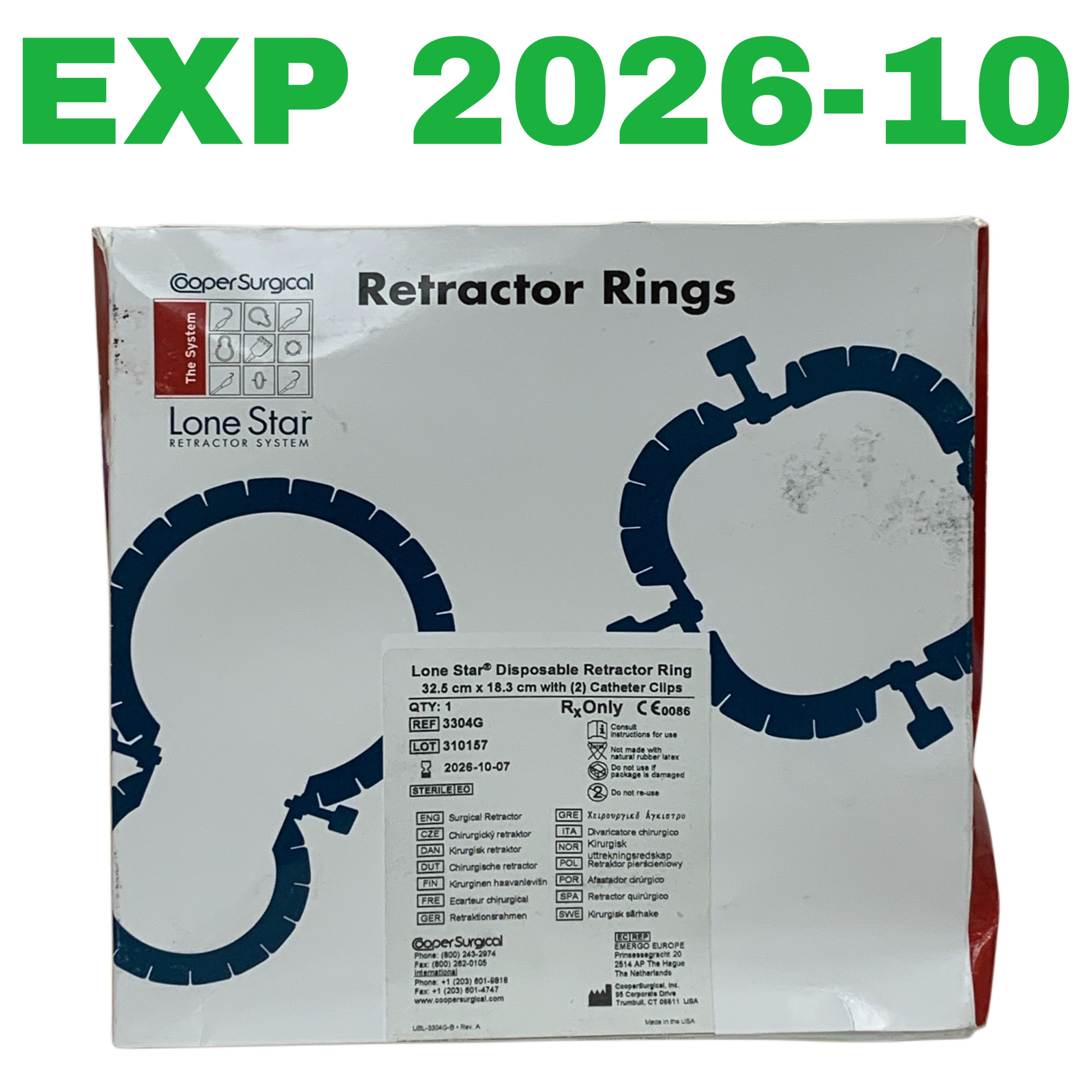 COOPER SURGICAL REF 3304G Lone Star Disposable Retractor Ring 32.5 cm x 18.3 cm with (2) Catheter Clips, Exp.2026/10