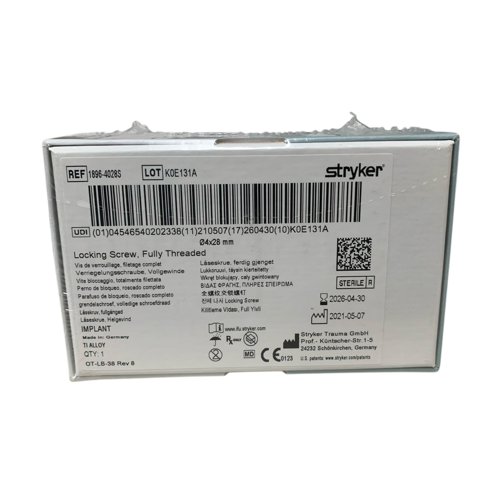 STRYKER REF 1896-4028S Locking Screw Fully Threaded Titanium Alloy 4x28 mm Exp 2026 04