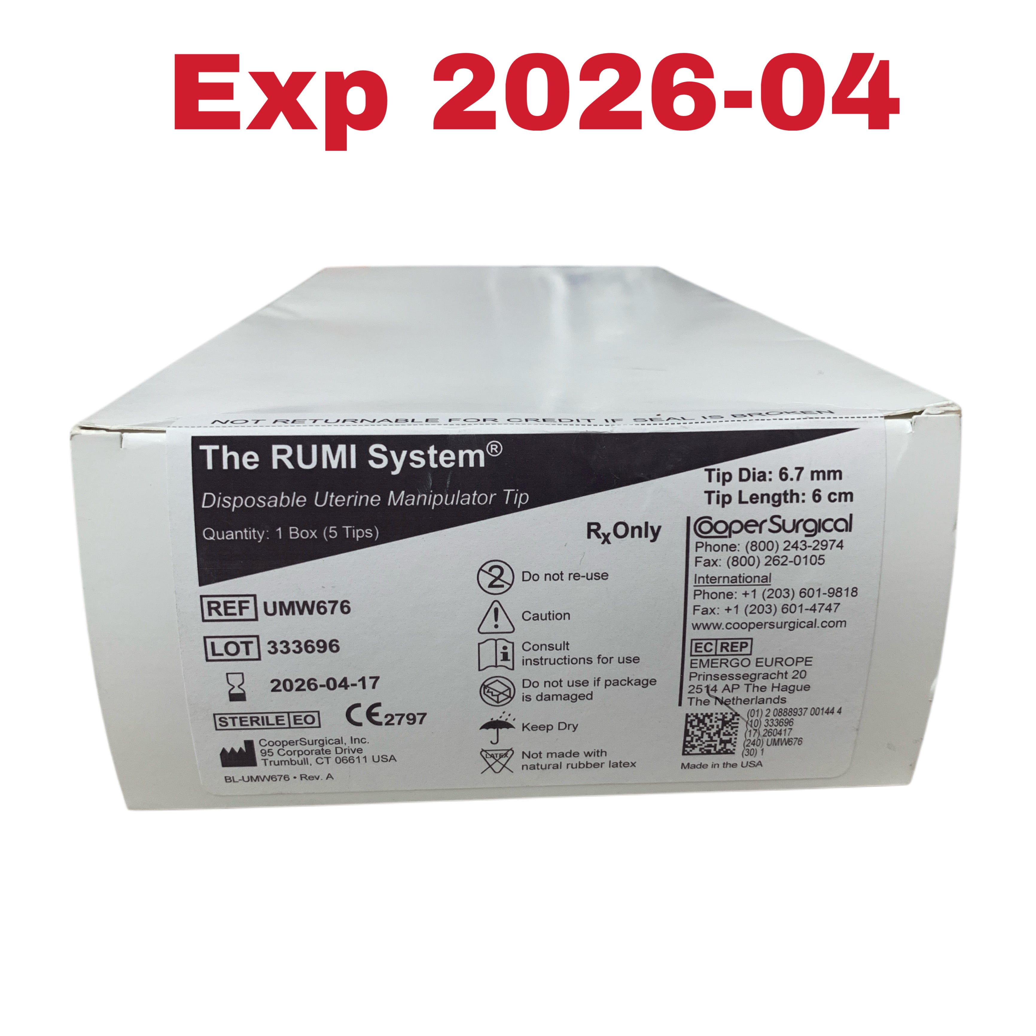 COOPER SURGICAL REF UMW676 The RUMI System Disposable Uterine Manipulator Tip 6.7mm x 6cm (5 TIPS/ BOX), Exp.2026/04