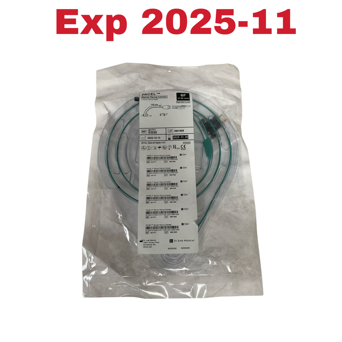ST JUDE MEDICAL 401771 PACEL Bipolar Pacing Catheter 6F 2 00 mm Right Heart Curve 110 cm Exp 2025 11