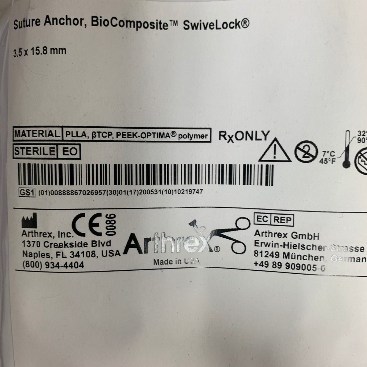 ARTHREX AR-2325BCC Suture Anchor BioComposite SwiveLock 35x 15.8 mm, EXP 2020-05