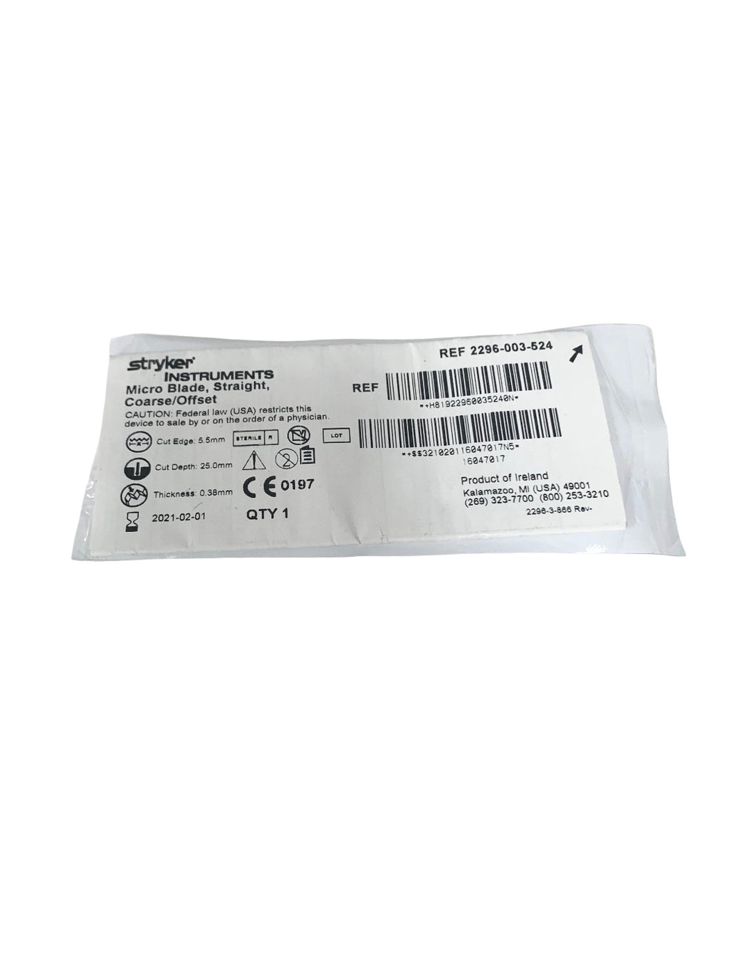 STRYKER REF 2296-003-524 Mlicro Blade, Straight, Coarse/Offset