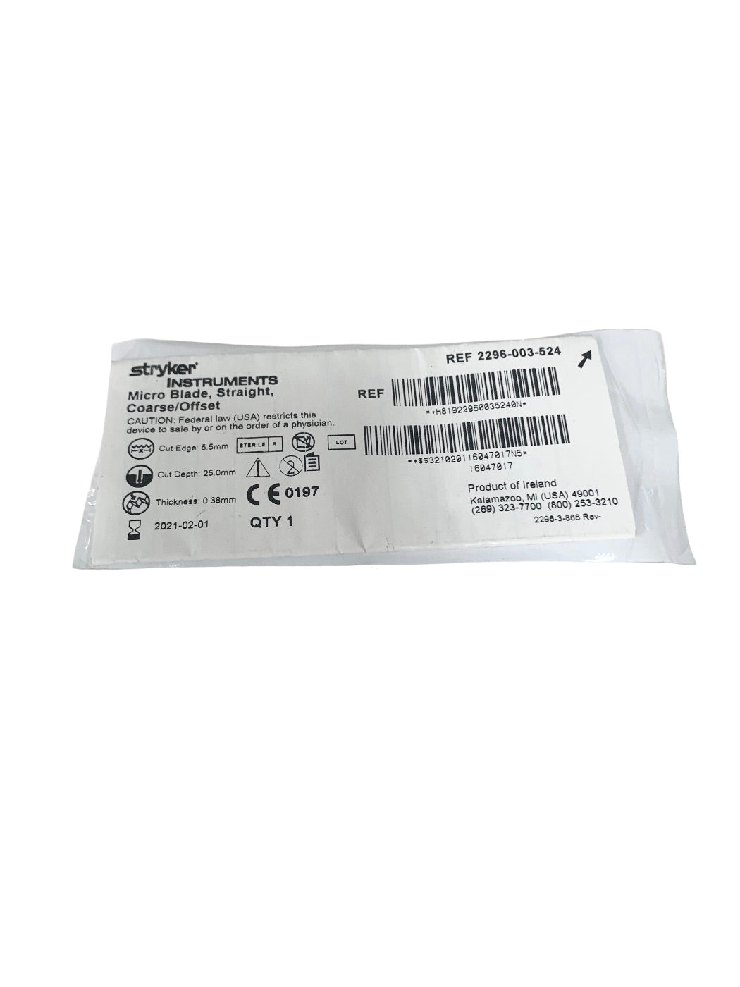 STRYKER REF 2296-003-524 Mlicro Blade, Straight, Coarse/Offset