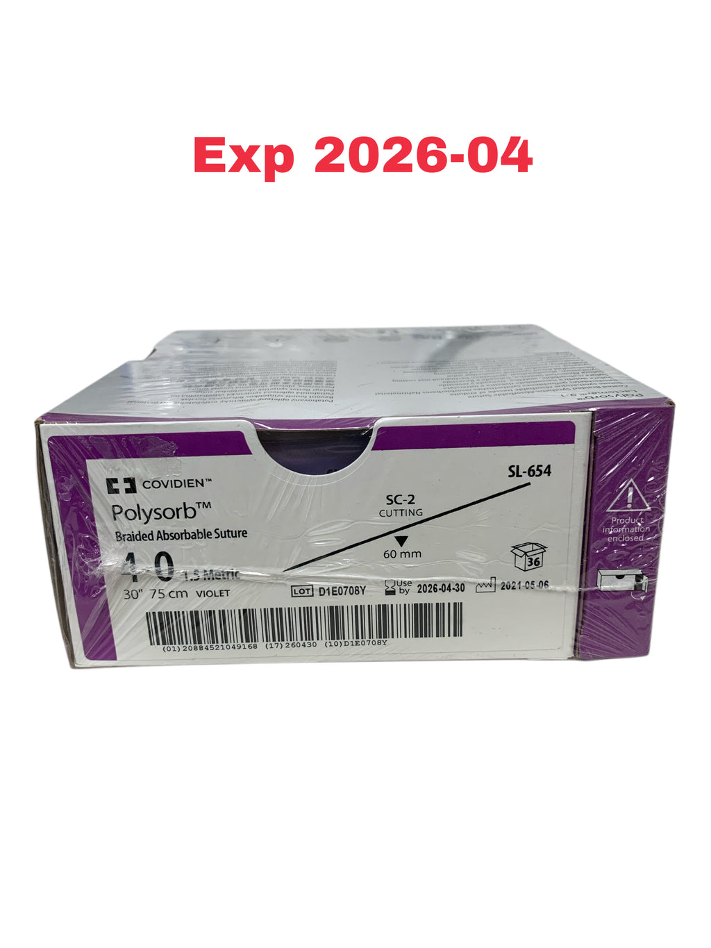 COVIDIEN REF SL-654 Polysorb 4-0 Braided Absorbable Suture, SC-2 Cutting 60mm Needle, 30" 75cm Violet, Box of 36, Exp.2026/04