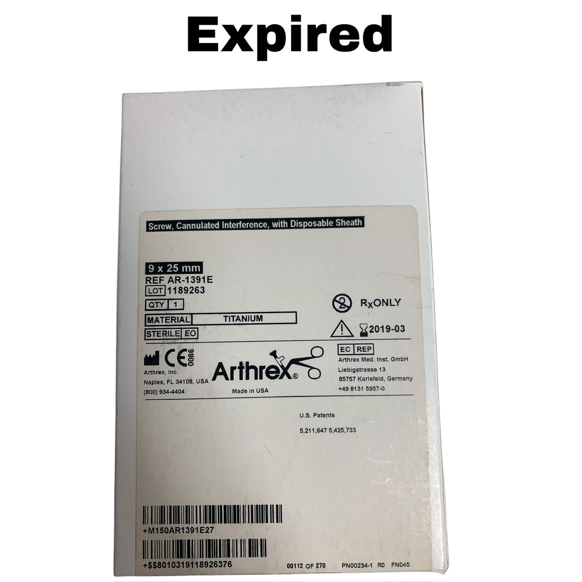 ARTHREX AR-1391E Screw Cannulated Interference with Disposable Sheath 9 x 25 mm EXP 2019 03