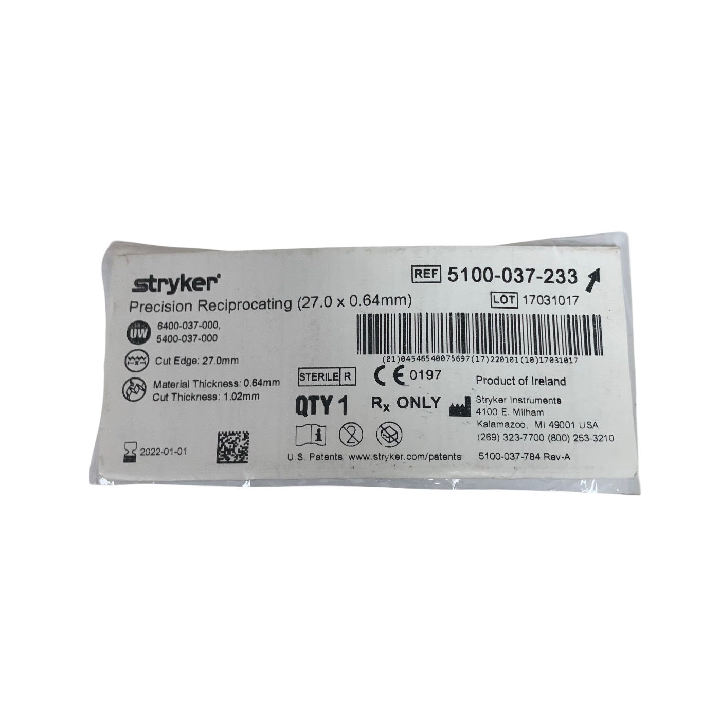STRYKER 5100-037-233 Precision Reciprocating Blade 27.0 x 0.64mm Exp 2022 01