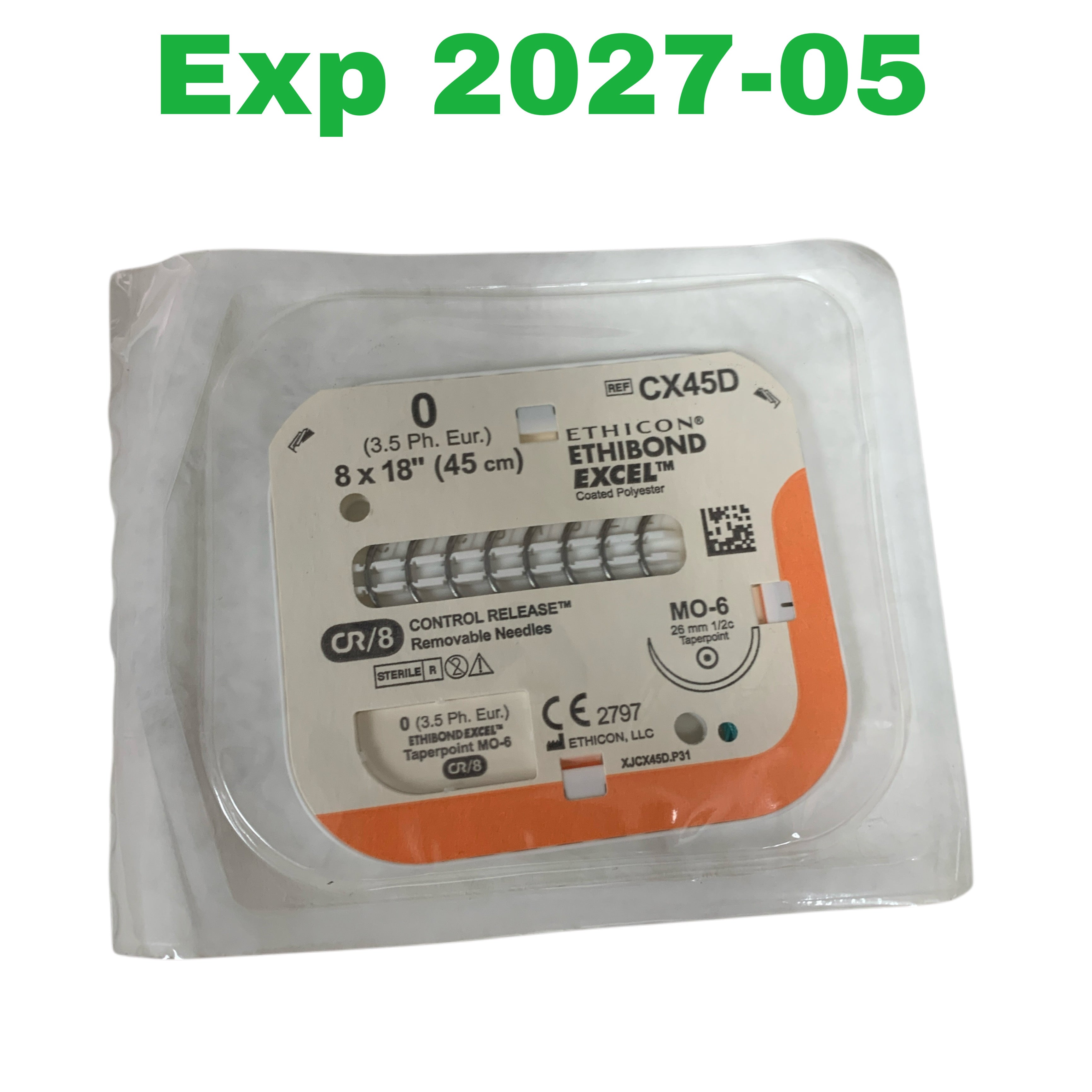 ETHICON REF CX45D Ethibond Excel Green Braided 0 Suture, 8 x 18" (45 cm), MO-6 Needle, Control Release CR/8, Exp.2027/05