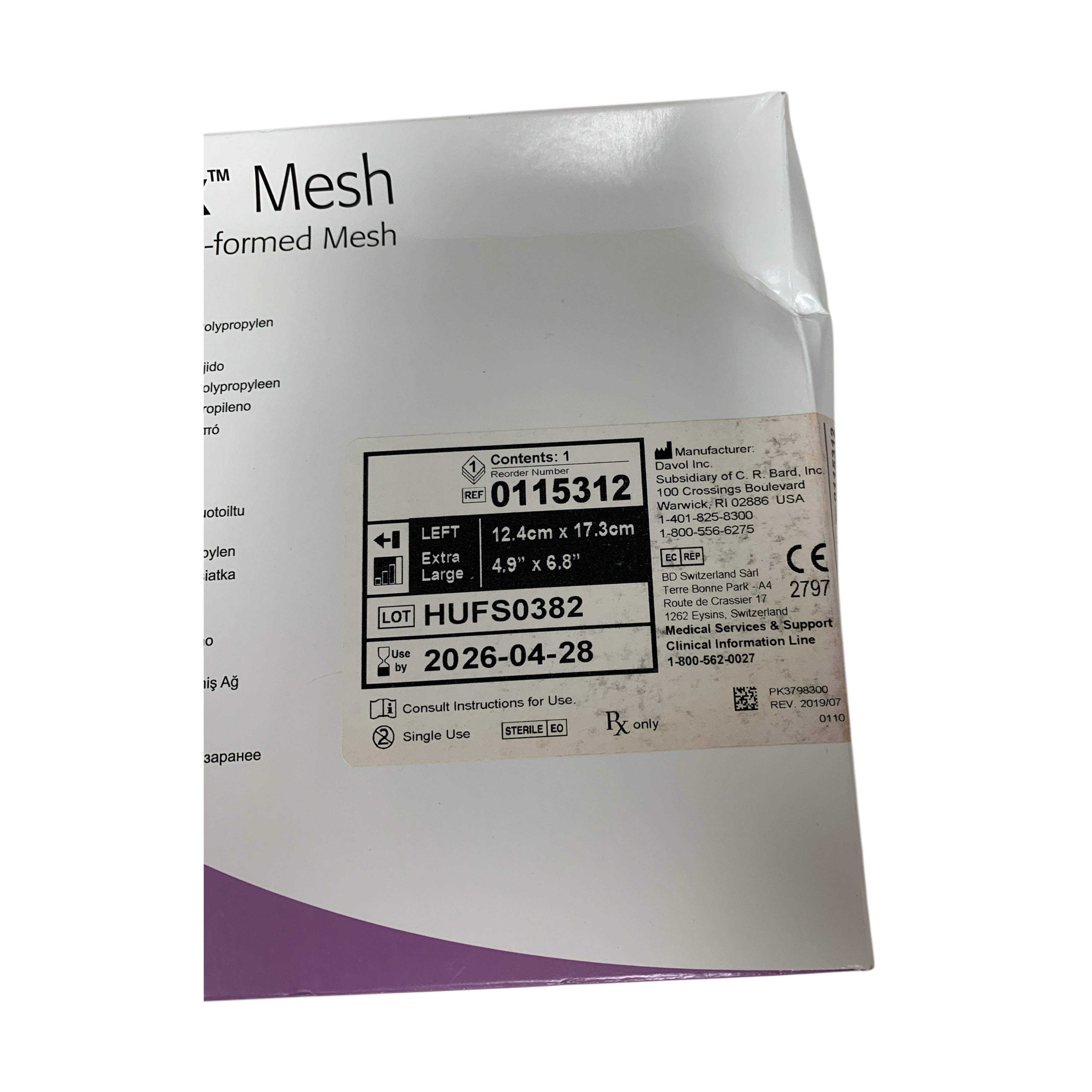 BARD DAVOL REF 0115312 3DMAX Mesh Knitted Polypropylene Pre-formed Mesh Left Extra Large 12.4cm x 17.3cm, Exp. 2026/04