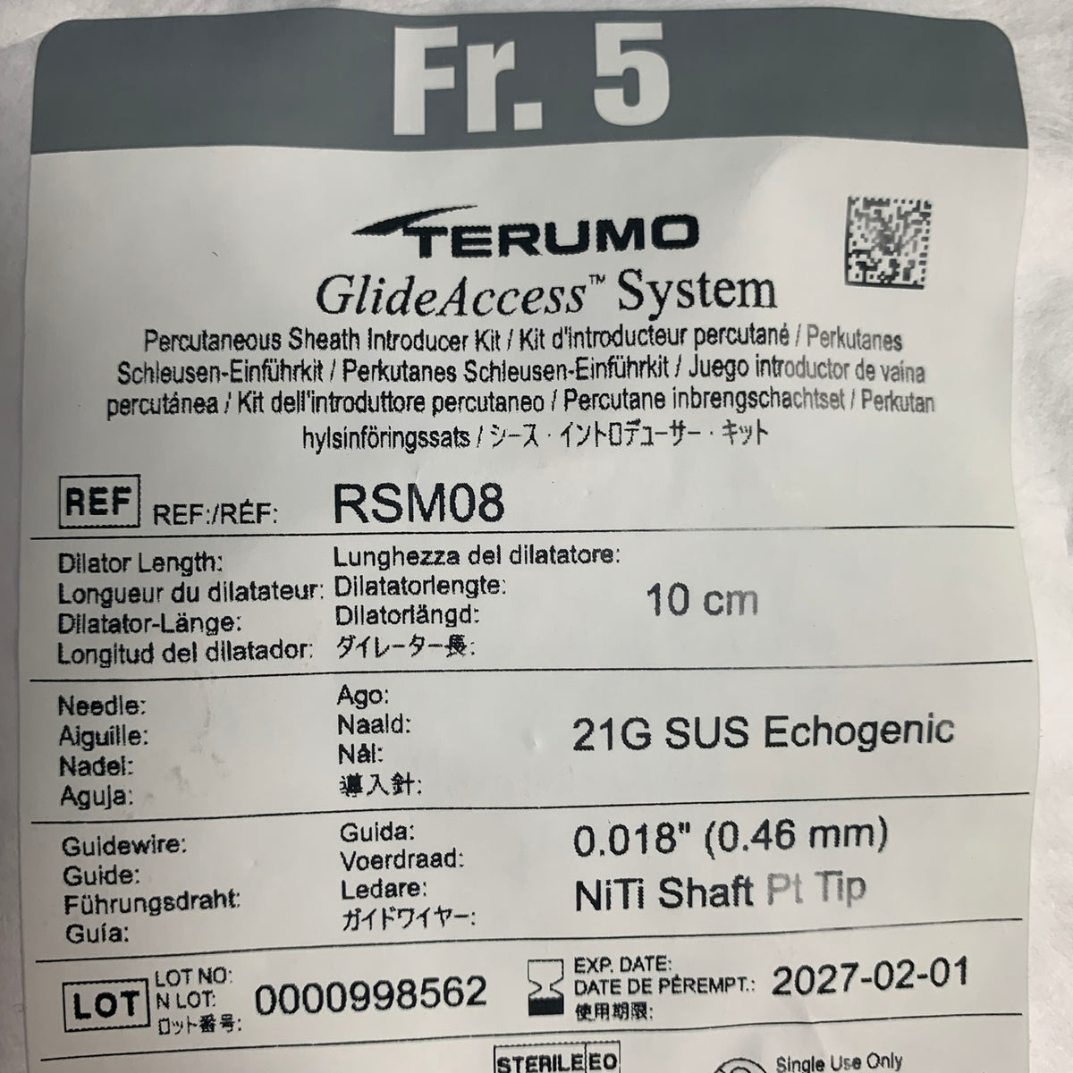TERUMO RSM08 GlideAccess System Percutaneous Sheath Introducer Kit Fr 5 10cm EXP 2027 02
