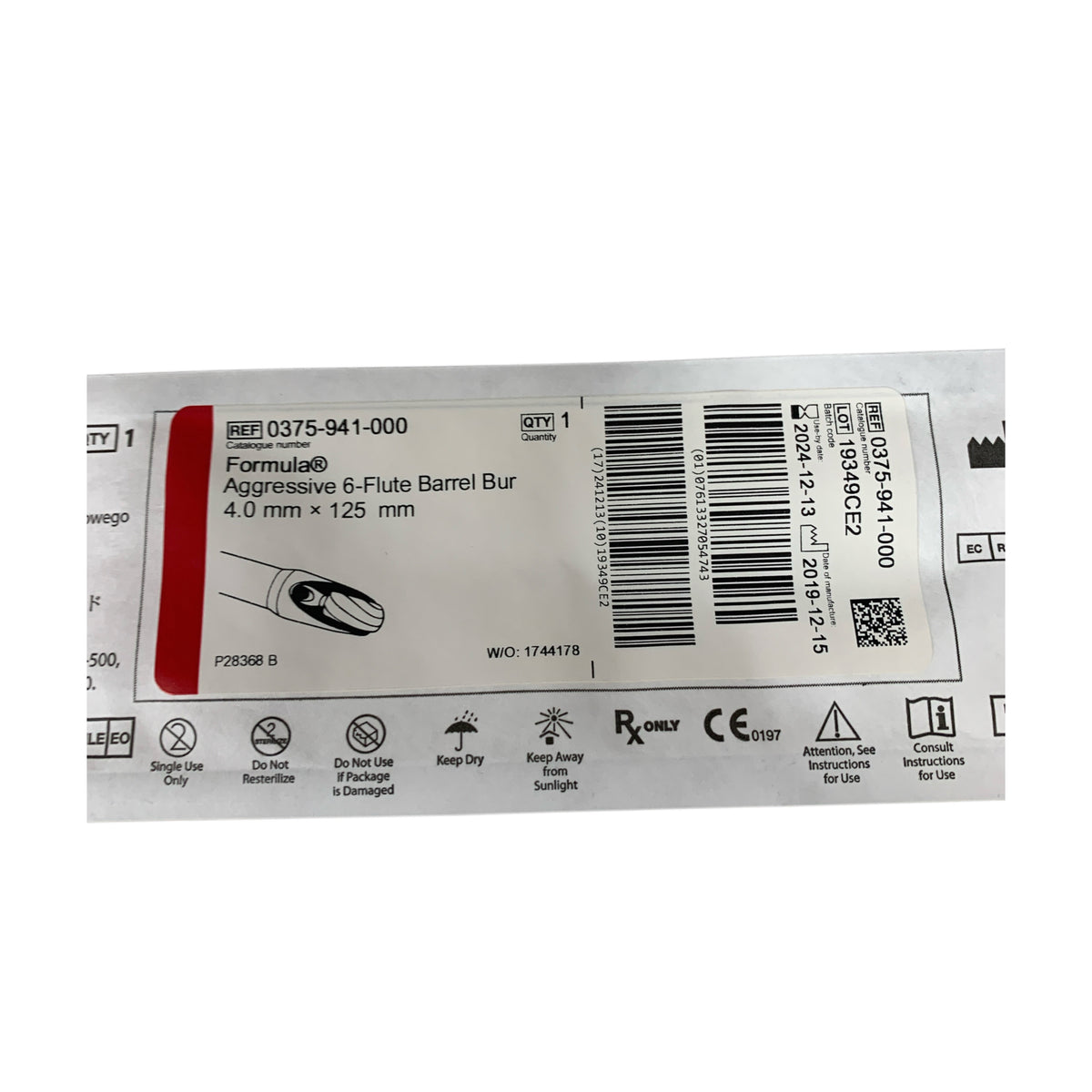 STRYKER 0375-941-000 Formula Aggressive 6-Flute Barrel Bur 4.0mm x 125mm EXP 2024 12