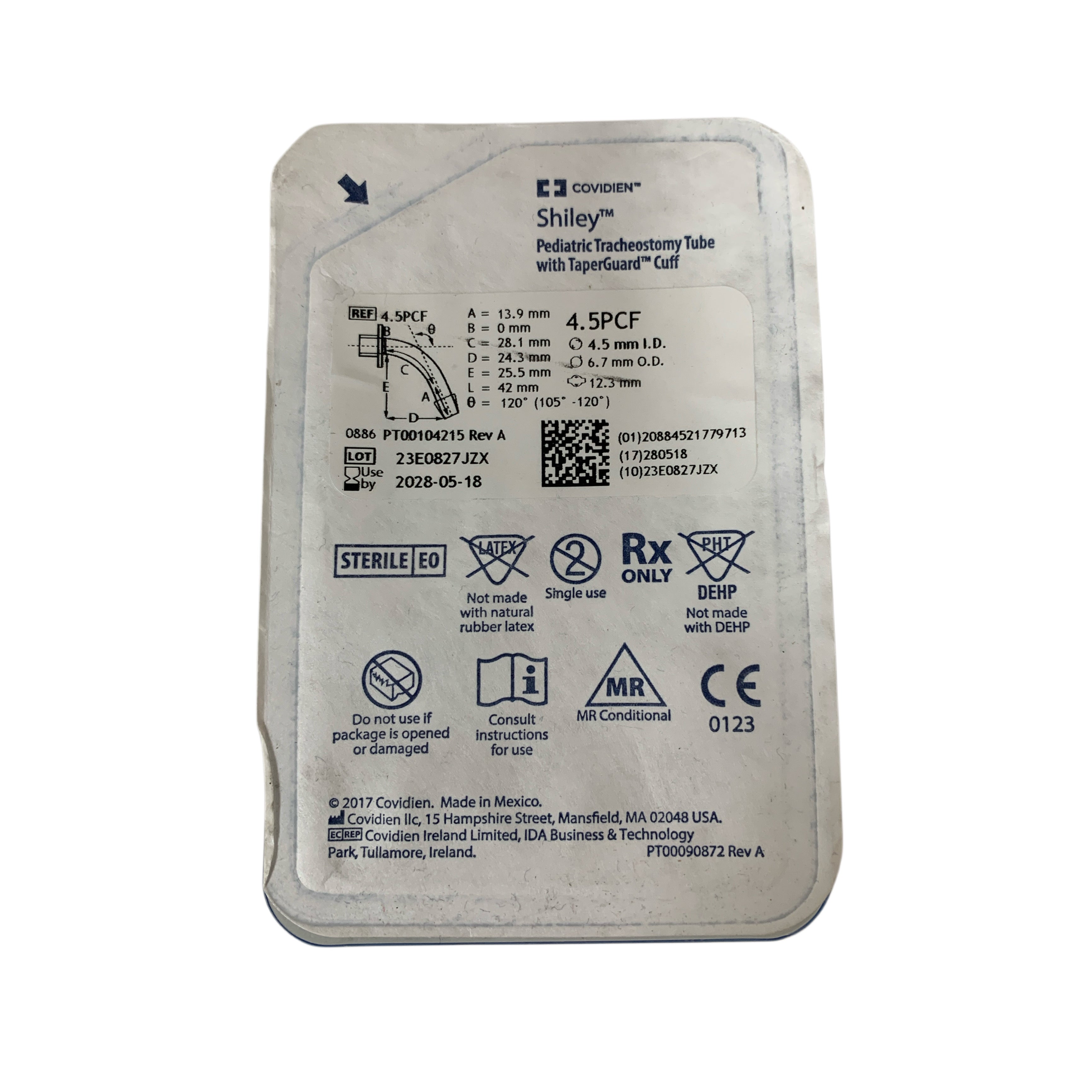 COVIDIEN REF 4.5PCF Shiley Pediatric Tracheostomy Tube with TaperGuard Cuff, Exp.2028/05