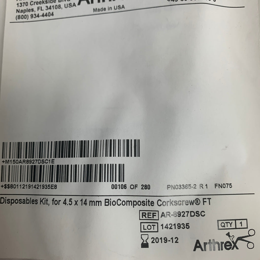 ARTHREX AR-8927DSC Disposables Kit for 4.5x14mm BioComposite Corkscrew FT EXP 2019 12