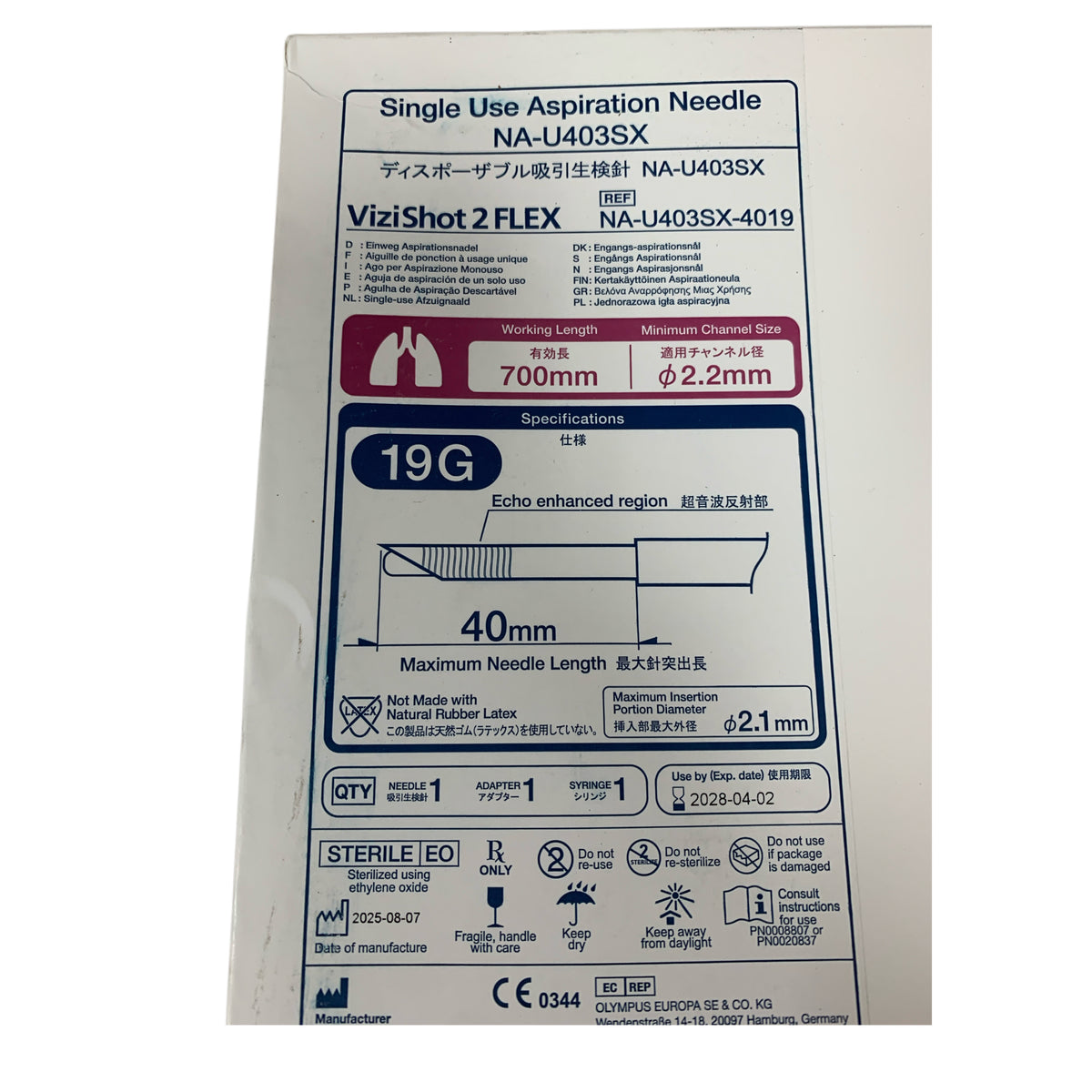 OLYMPUS NA-U403SX-4019 ViziShot 2 FLEX Single Use Aspiration Needle 19G Exp 2028 04