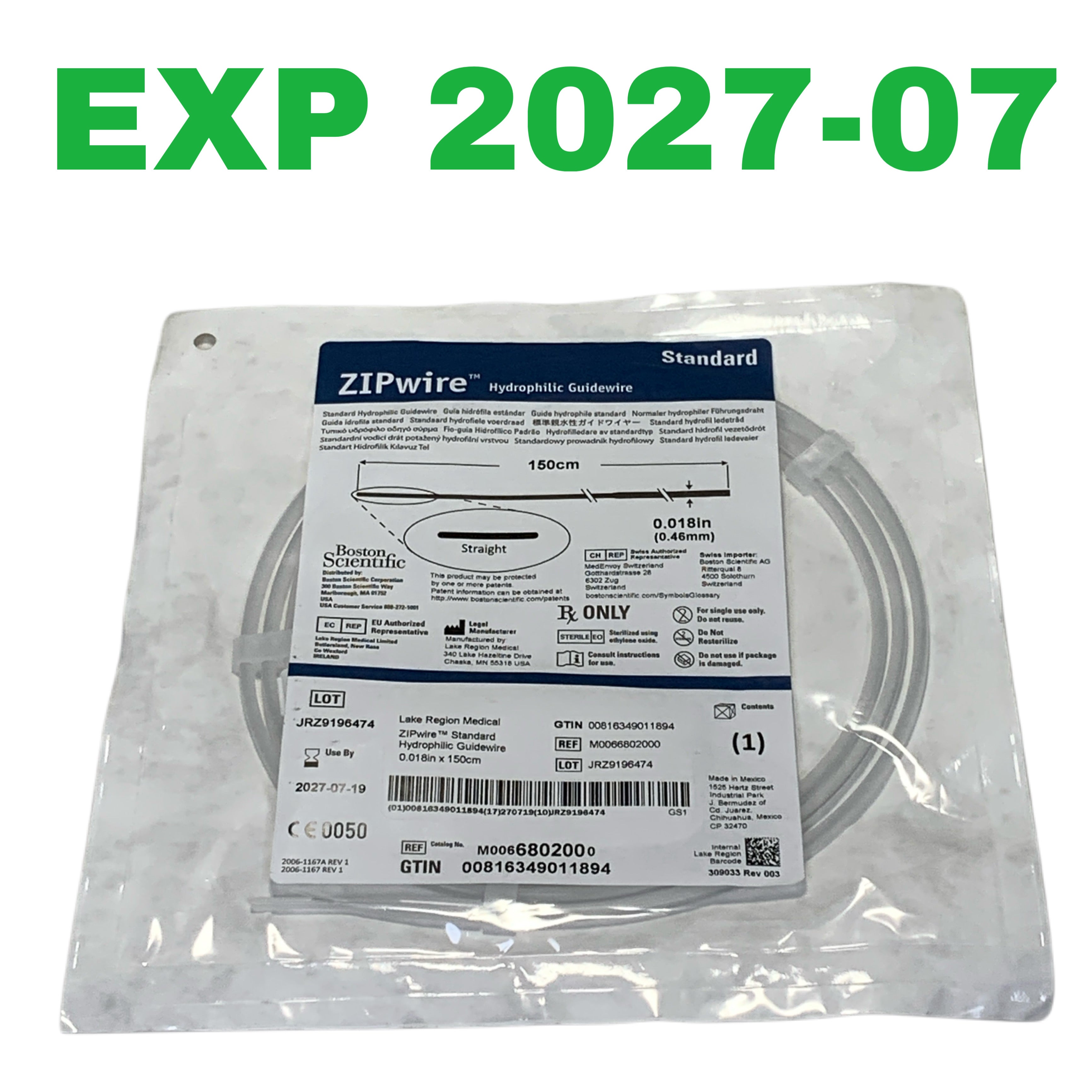BOSTON SCIENTIFIC REF M0066802000 ZIPwire Standard Hydrophilic Guidewire 0.018in x 150cm Straight, EXP.2027/07