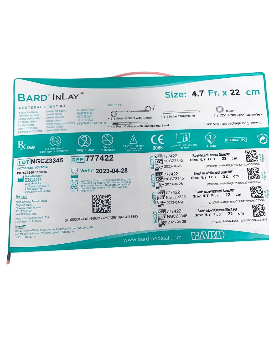 BARD REF 777422 InLay Ureteral Stent Kit 4.7 Fr. x 22 cm, EXP.2023-04
