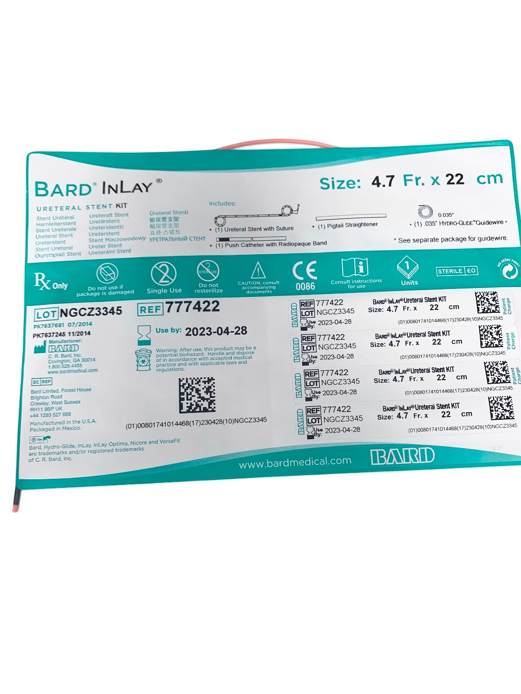 BARD REF 777422 InLay Ureteral Stent Kit 4.7 Fr. x 22 cm, EXP.2023-04