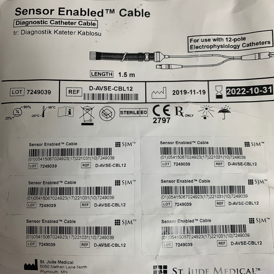 ST JUDE MEDICAL D-AVSE-CBL12 Sensor Enabled Diagnostic Catheter Cable 1.5m EXP 2022 10