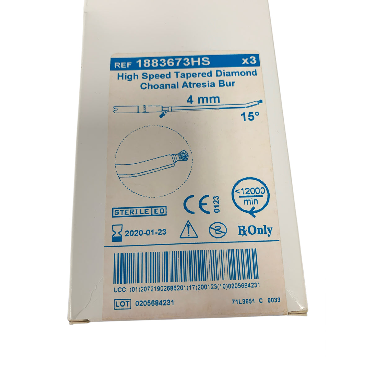 MEDTRONIC XOMED 1883673HS High Speed Tapered Diamond Choanal Atresia Bur 4 mm 15 Deg Box of 3 Exp 2020 01