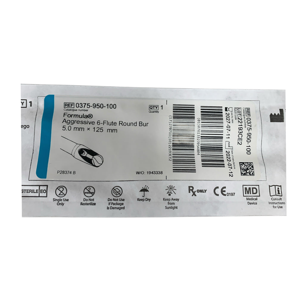 STRYKER 0375-950-100 Formula Aggressive 6-Flute Round Bur 5.0mm x 125mm Exp 2027 07