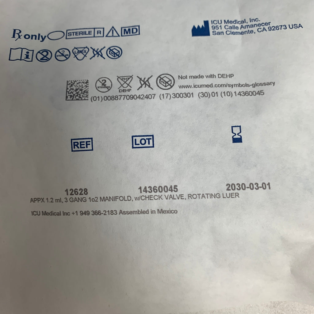 ICU MEDICAL 12628 3 Gang 1o2 Manifold with Check Valve Rotating Luer APPX 1.2 ml EXP 2030 03