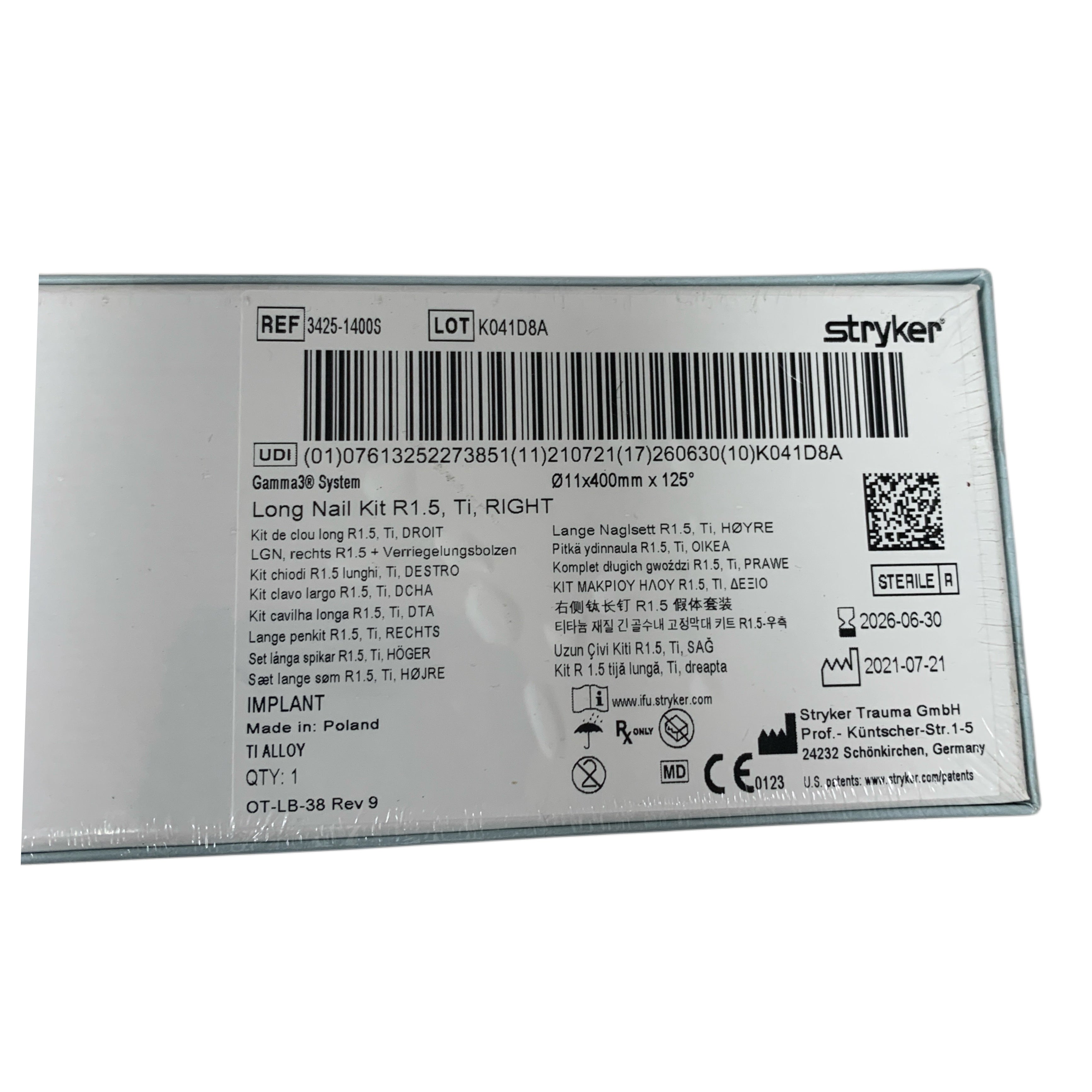 STRYKER 3425-1400S Gamma3 System Long Nail Kit R1.5 Ti RIGHT 11x400mm x 125 Exp 2026 06