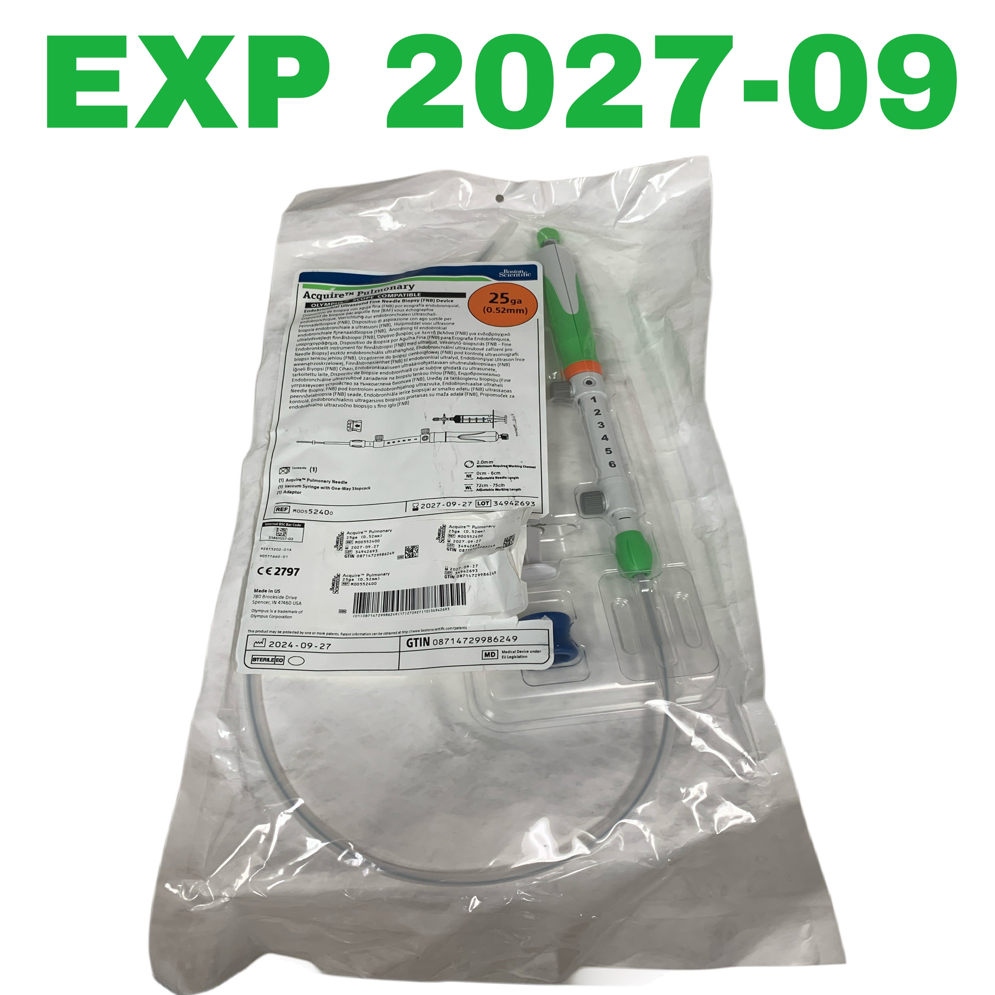 BOSTON SCIENTIFIC REF M00552400 Acquire Pulmonary Endobronchial Ultrasound Fine Needle Biopsy FNB Device 25ga 0.52mm Olympus Scope Compatible, Exp.2027/09
