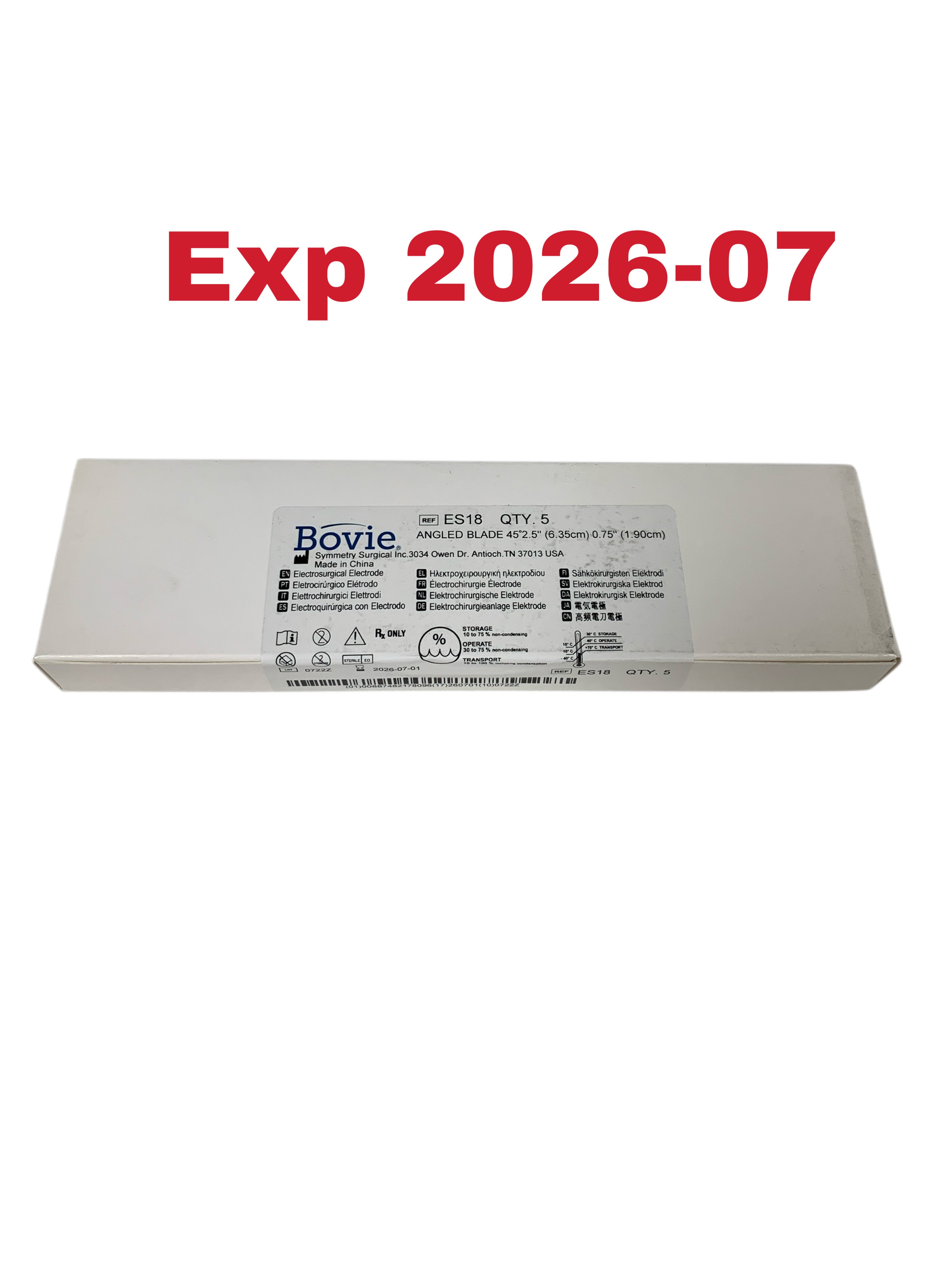 SYMMETRY REF ES18 Bovie Angled Blade Electrosurgical Electrode 2.5" Box of 5, Exp.2026/07