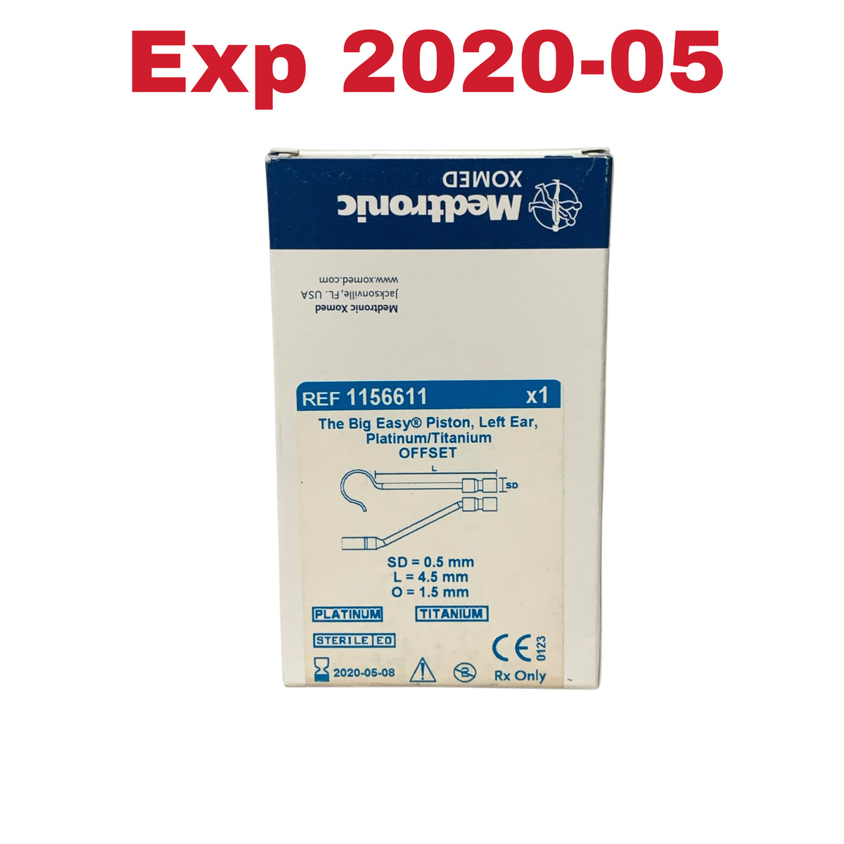 MEDTRONIC XOMED 1156611 The Big Easy Piston Left Ear Platinum Titanium OFFSET SD 0.5 mm L 4.5 mm O 1.5 mm Exp 2020 05