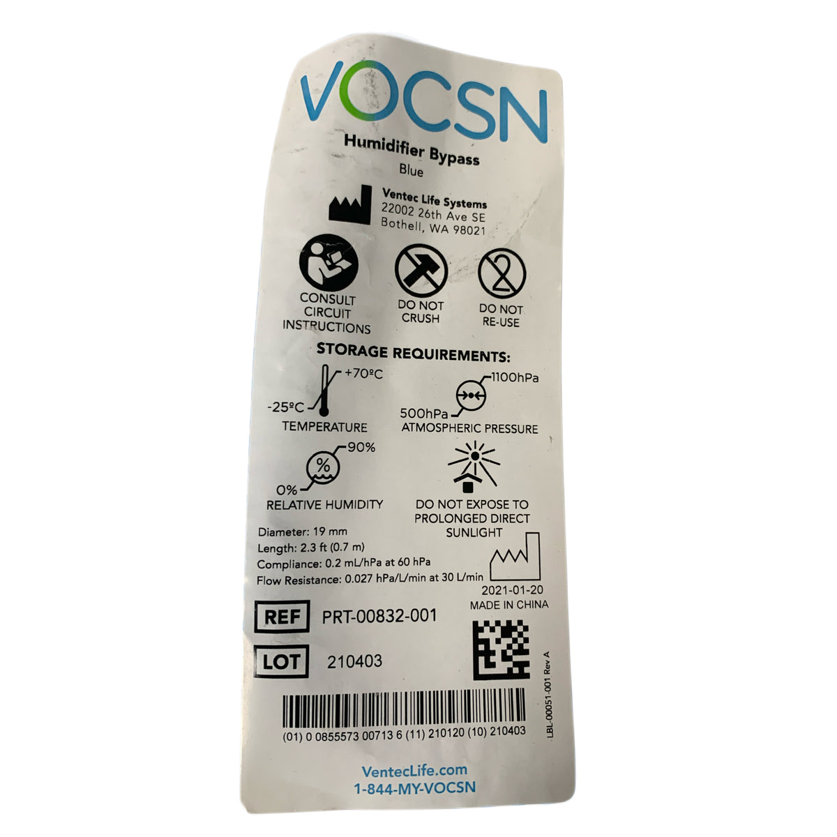 VENTEC LIFE SYSTEMS PRT-00832-001 VOCSN Humidifier Bypass Blue 19 mm x 2.3 ft
