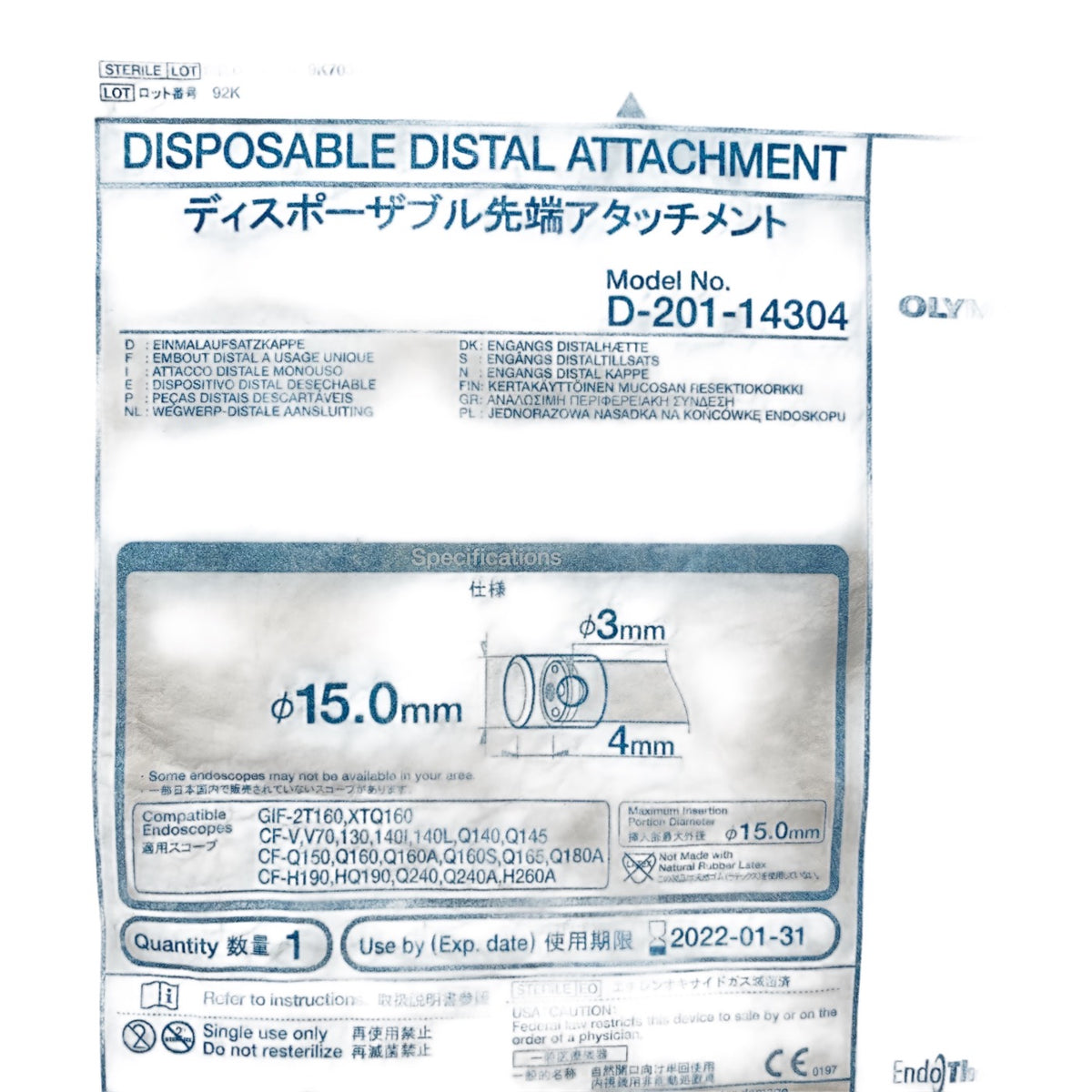OLYMPUS D-201-14304 Disposable Distal Attachment 15mm Exp 2022 01