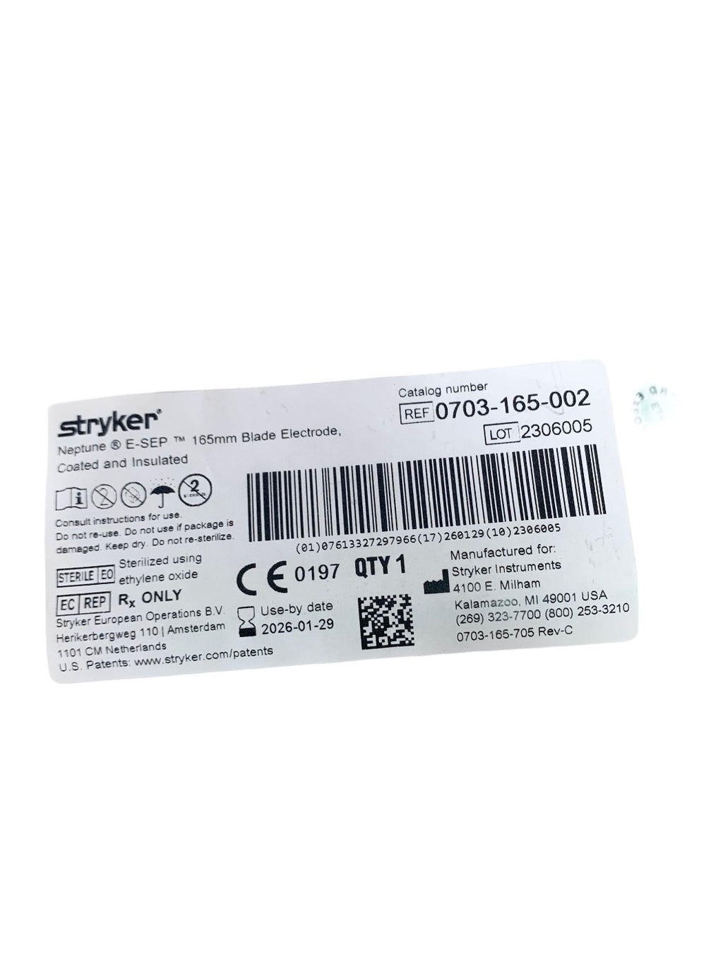STRYKER REF 0703-165-002 Neptune E SEP Coated and Insulated Blade Electrode 165mm EXP 2026 01