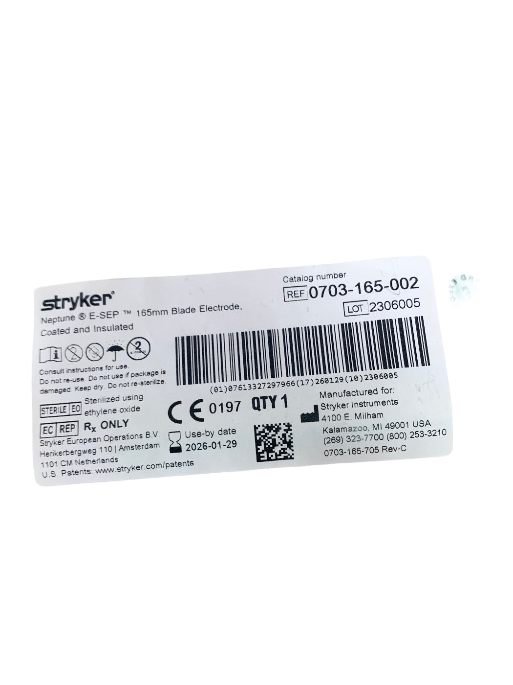 STRYKER REF 0703-165-002 Neptune E SEP Coated and Insulated Blade Electrode 165mm EXP 2026 01
