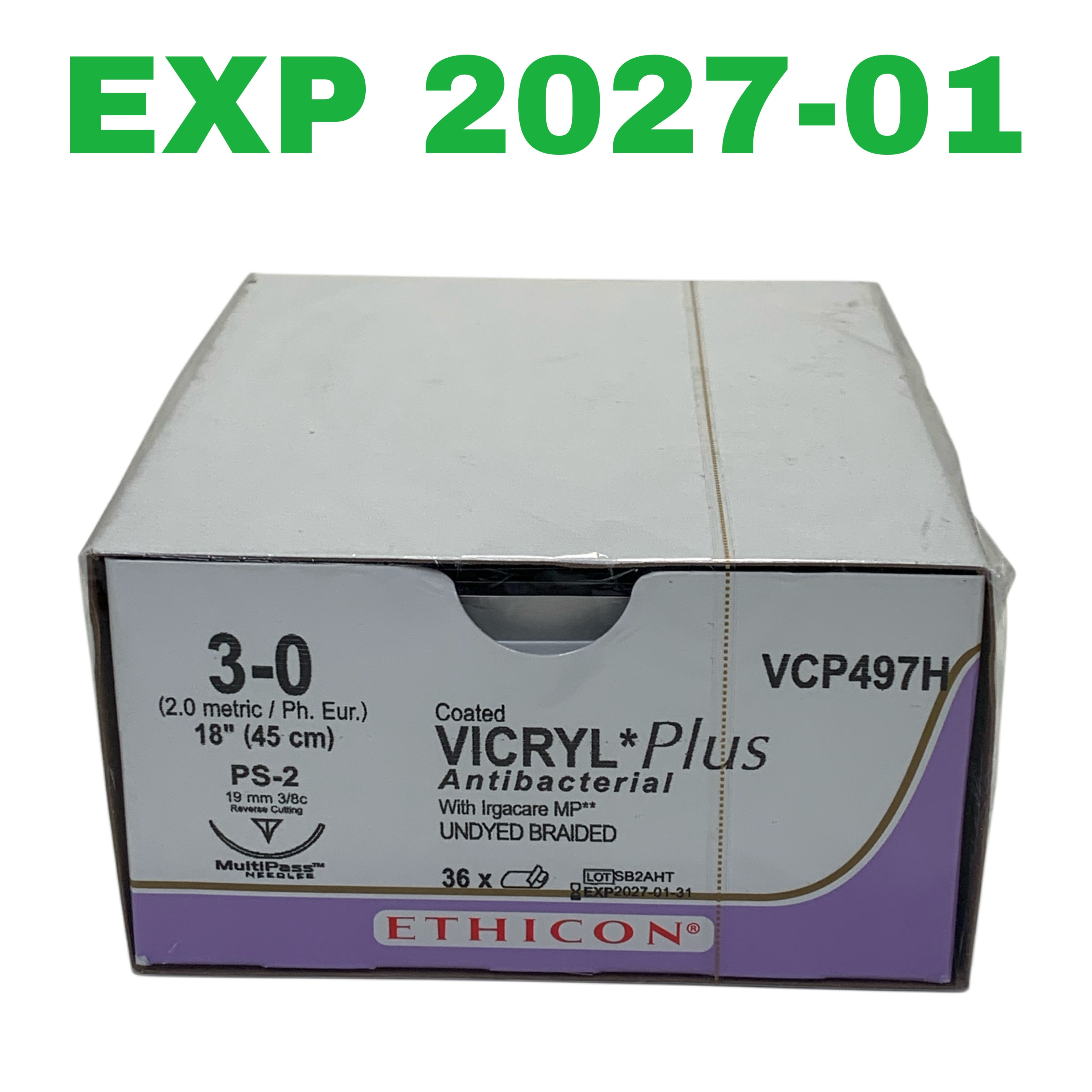 ETHICON REF VCP497H Coated VICRYL Plus Antibacterial 3-0 Suture, 18" (45 cm), PS-2 19mm Needle, Box of 36, Exp.2027/01